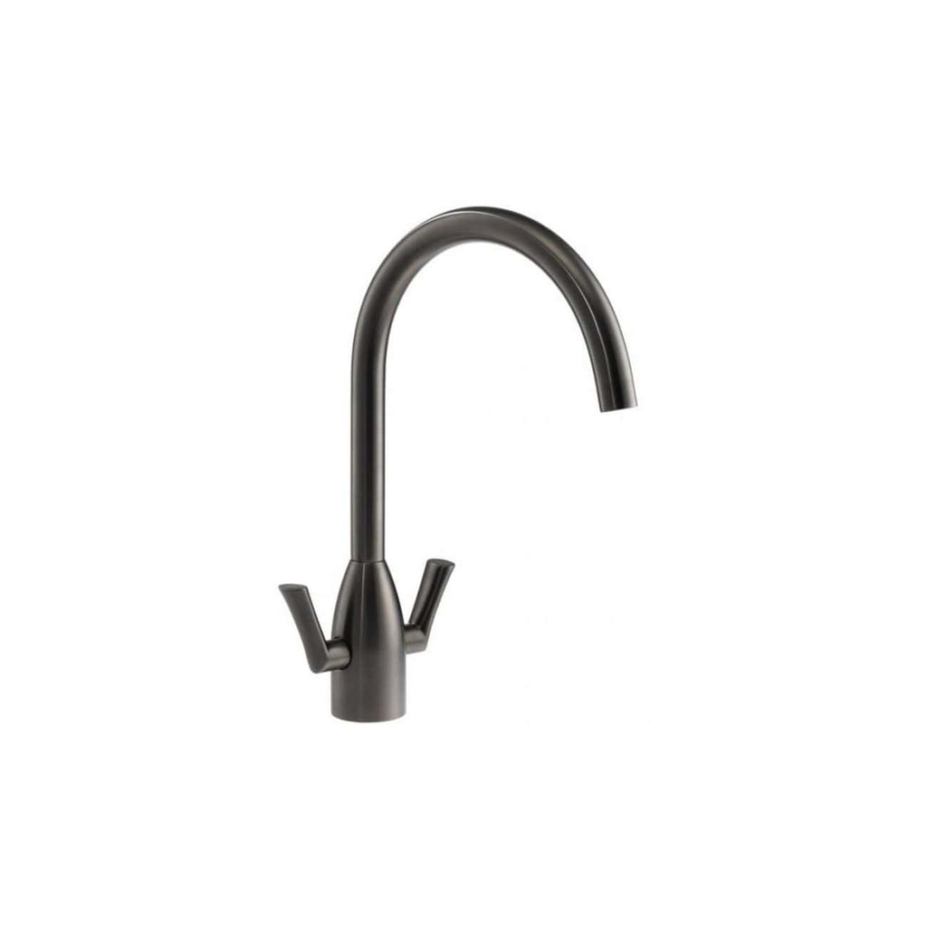 Sleek black kitchen tap with dual handles, modern design, suitable for contemporary bathroom or kitchen renovations. Durable finish, easy to install and maintain.