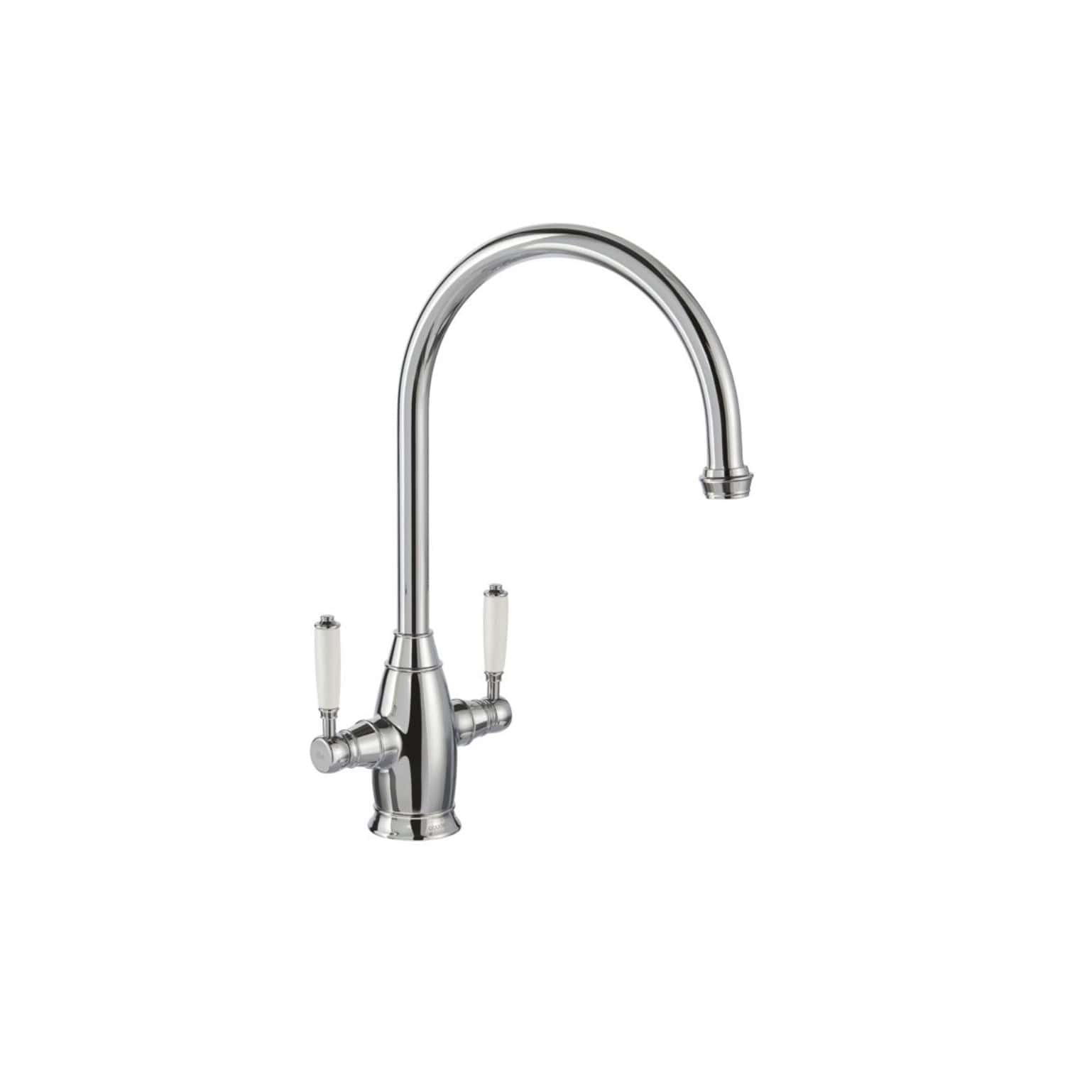 Polished chrome kitchen mixer tap with two handles, flexible spout for modern bathroom and kitchen use, durable and stylish fixtures.