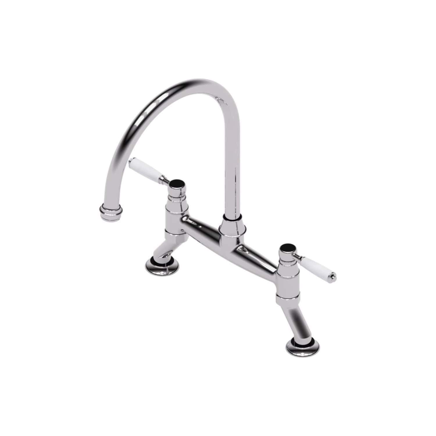Chrome kitchen tap with two handles and high arc spout for bathroom or kitchen use.