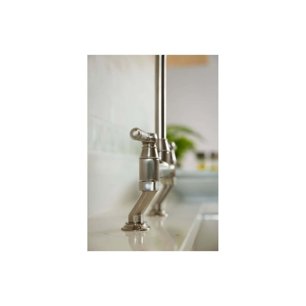 Futuristic kitchen tap in stainless steel finish with sleek, minimalistic design. Perfect for modern bathrooms and kitchens, combining functionality with stylish aesthetics. A high-quality fixture from Bubly Bathrooms.