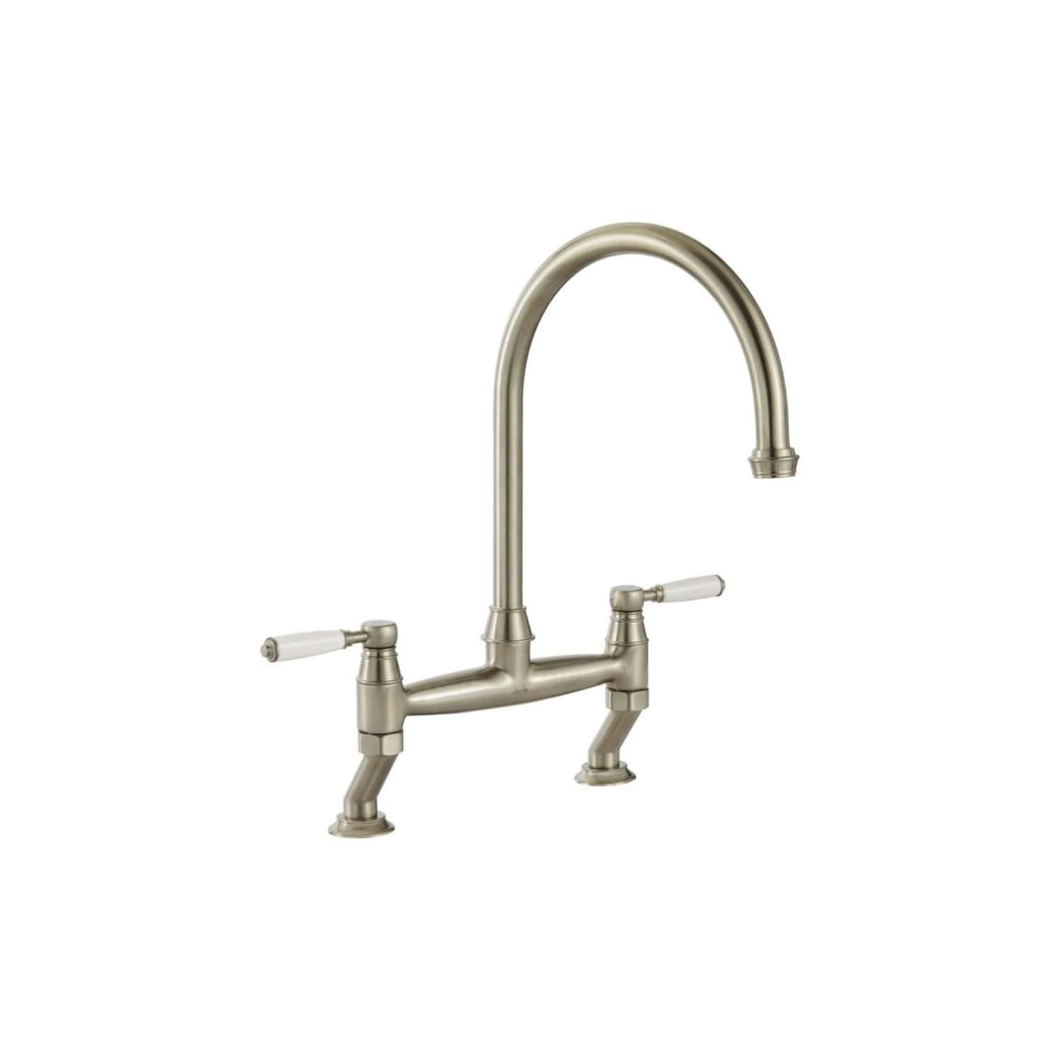 Brushed nickel kitchen tap with dual handles, modern design, ideal for contemporary bathrooms and kitchens, high-quality fixtures from Bubly Bathrooms.