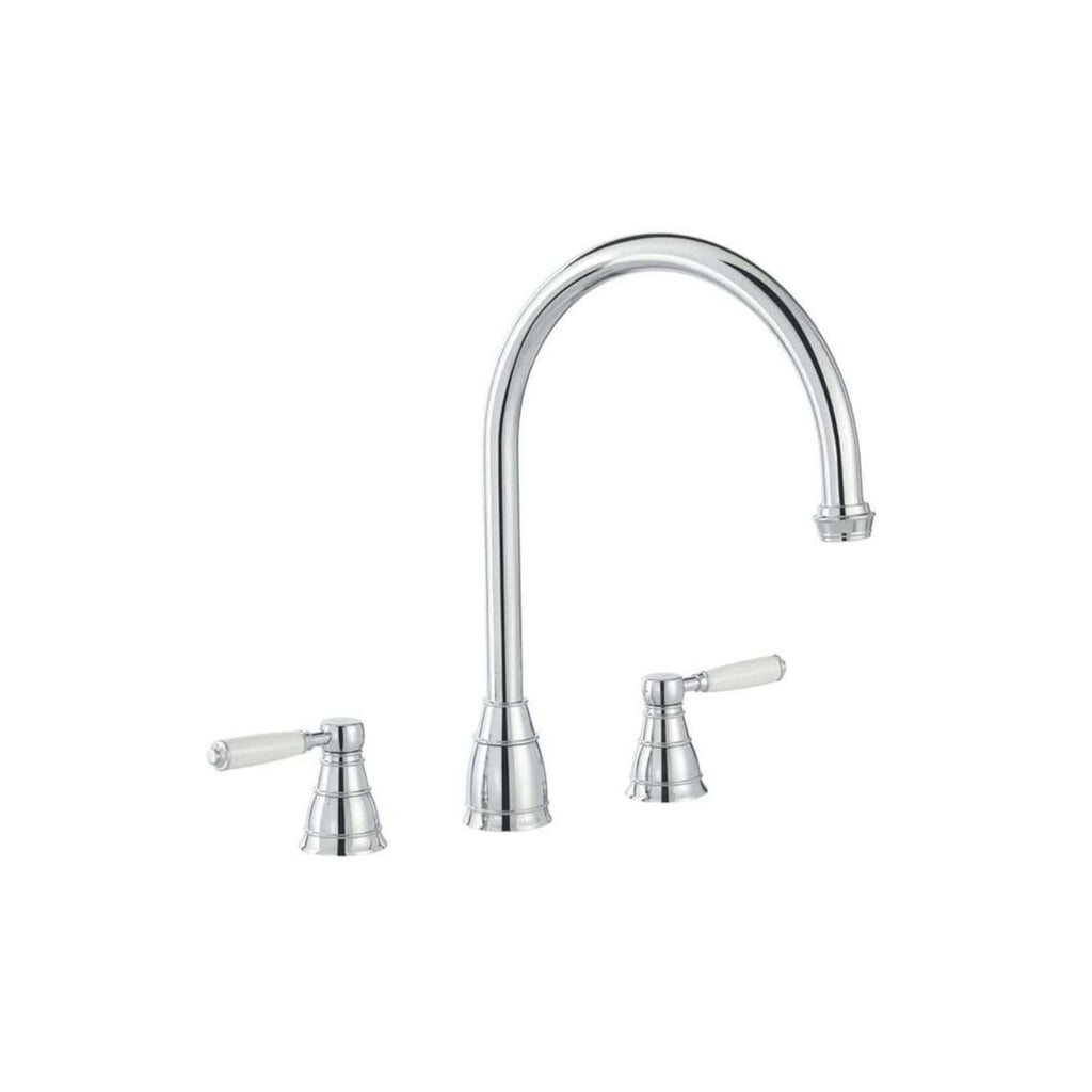 Polished chrome bathroom kitchen tap with dual handles, vintage style, high arc spout, ideal for traditional or contemporary plumbing fixtures.