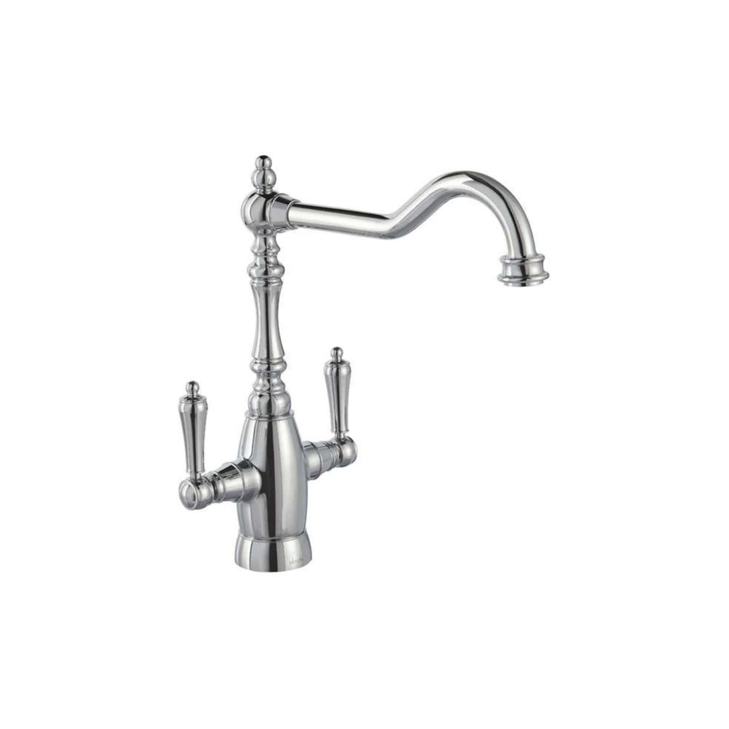 Polished chrome vintage style kitchen tap with dual handles and high arc spout for classic bathroom or kitchen sinks. Enhances traditional or modern bathroom décor with durable brass construction.