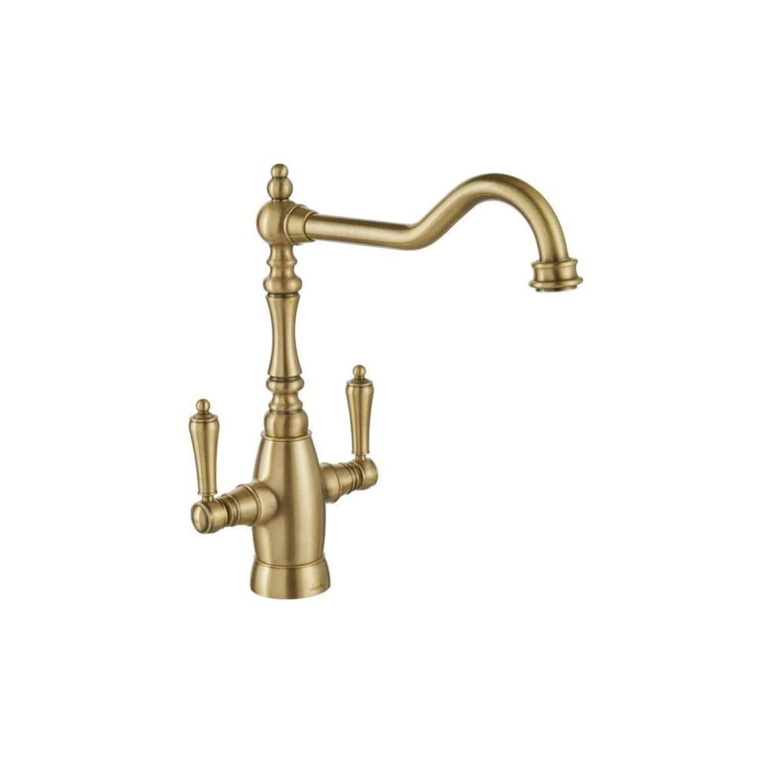Polished gold vintage style bathroom tap with dual handles and high-arc spout for classic bathroom or kitchen decor.