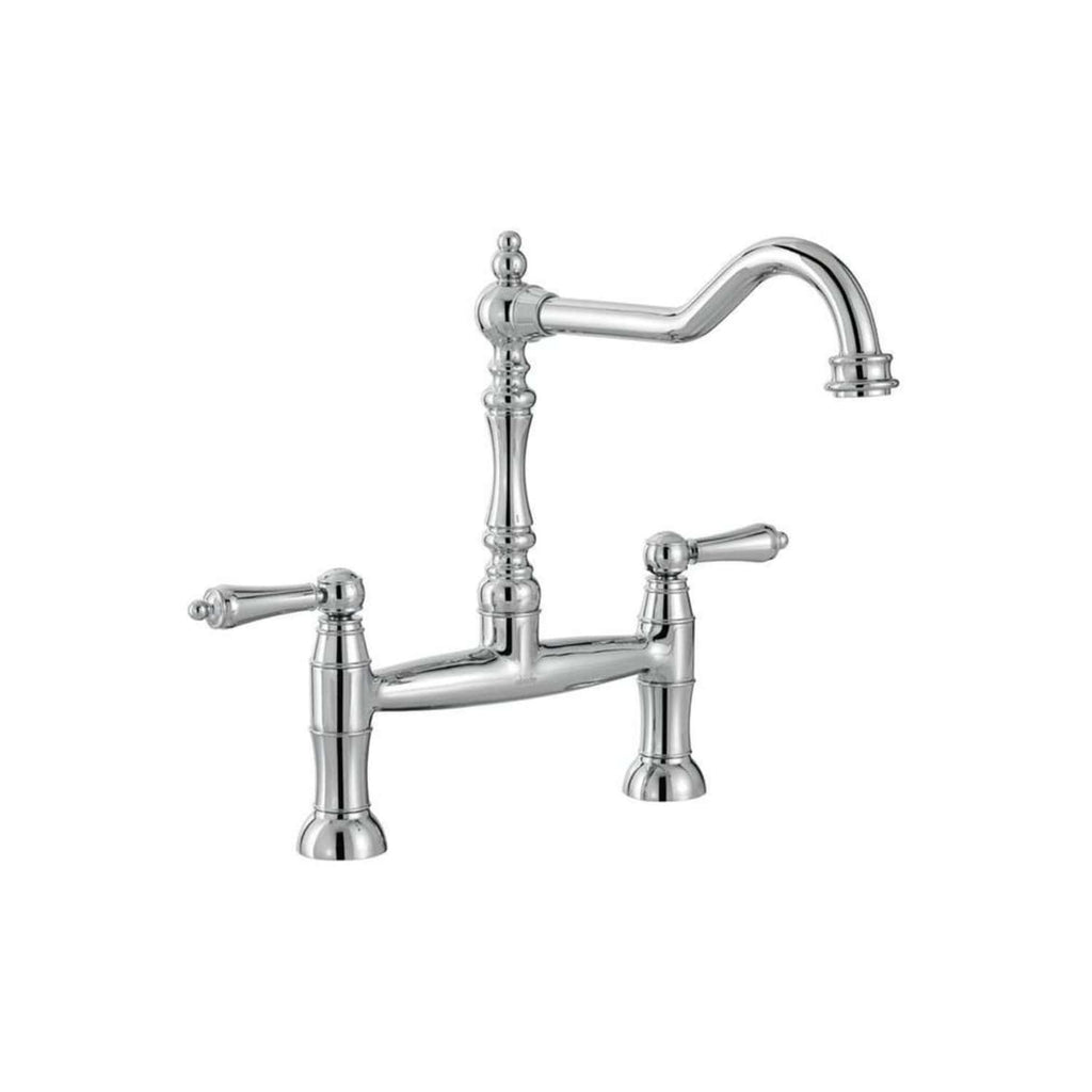 Polished chrome kitchen sink mixer tap with antique-style handles and classic design for traditional bathroom or kitchen decor.