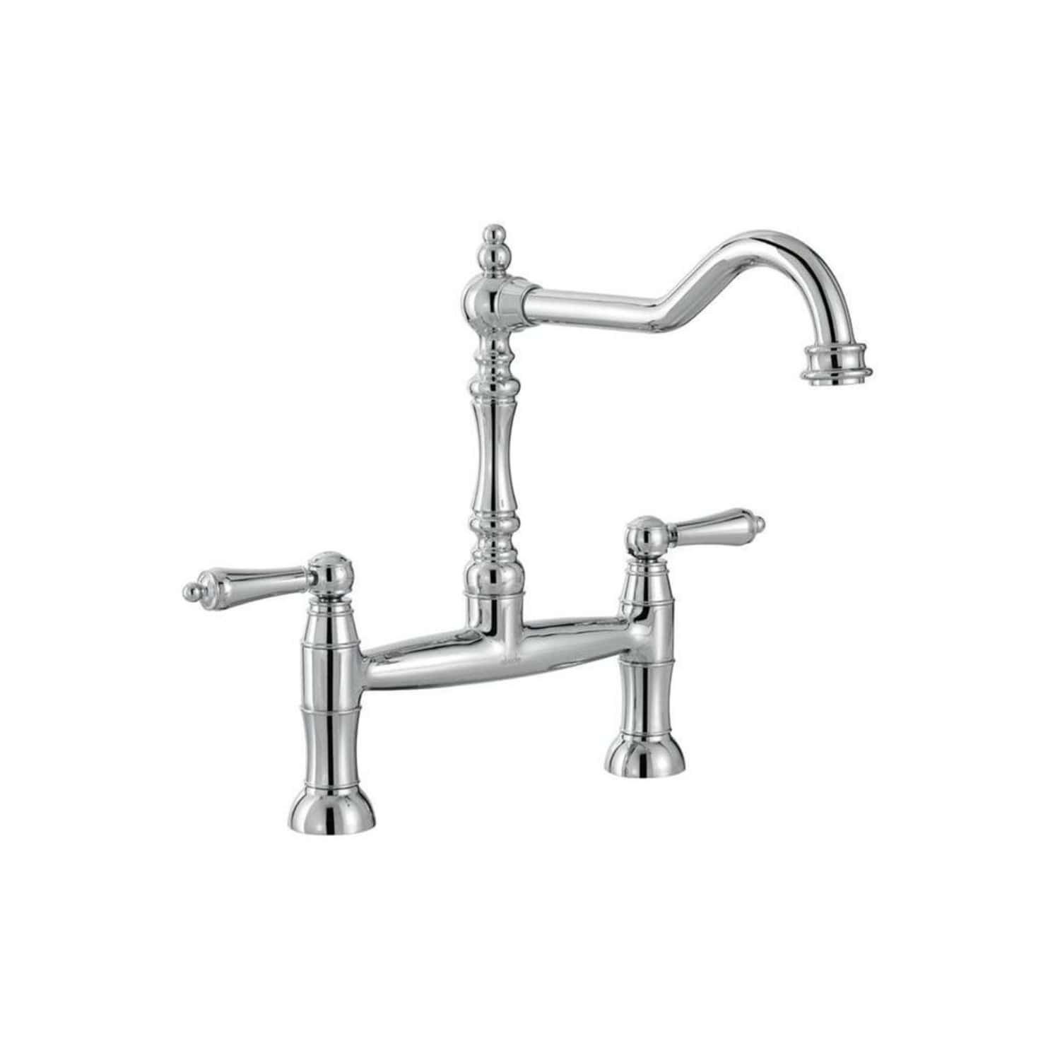 Polished chrome kitchen sink mixer tap with antique-style handles and classic design for traditional bathroom or kitchen decor.