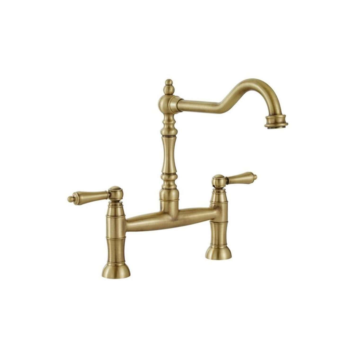 Brass kitchen mixer tap with traditional design, featuring two handles and a high-arc spout, ideal for classic or vintage-style bathroom and kitchen installations.
