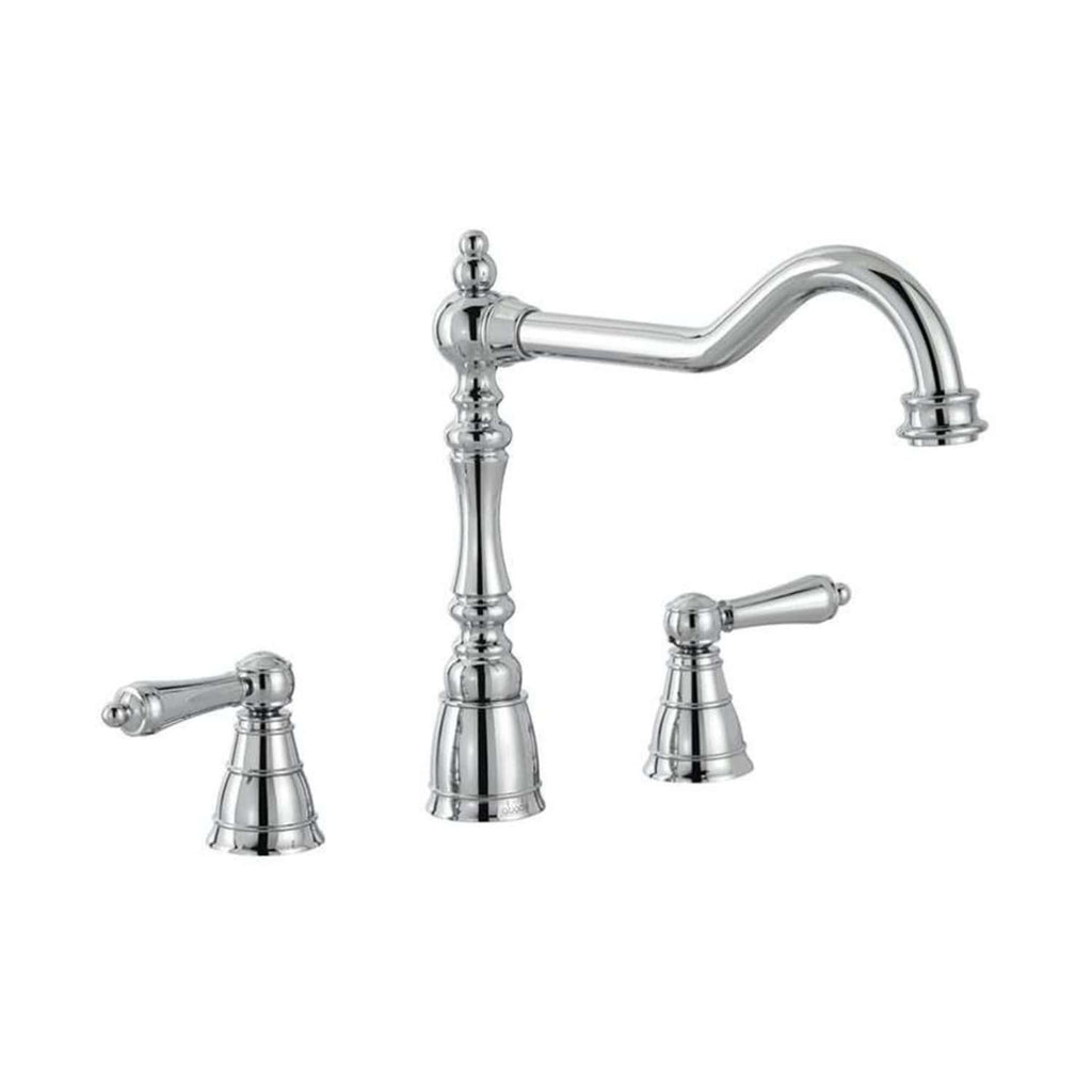 Elegant chrome bathroom tap set with traditional design, including a high-arched spout and dual lever handles for hot and cold water control. Perfect for classic or vintage style bathrooms.
