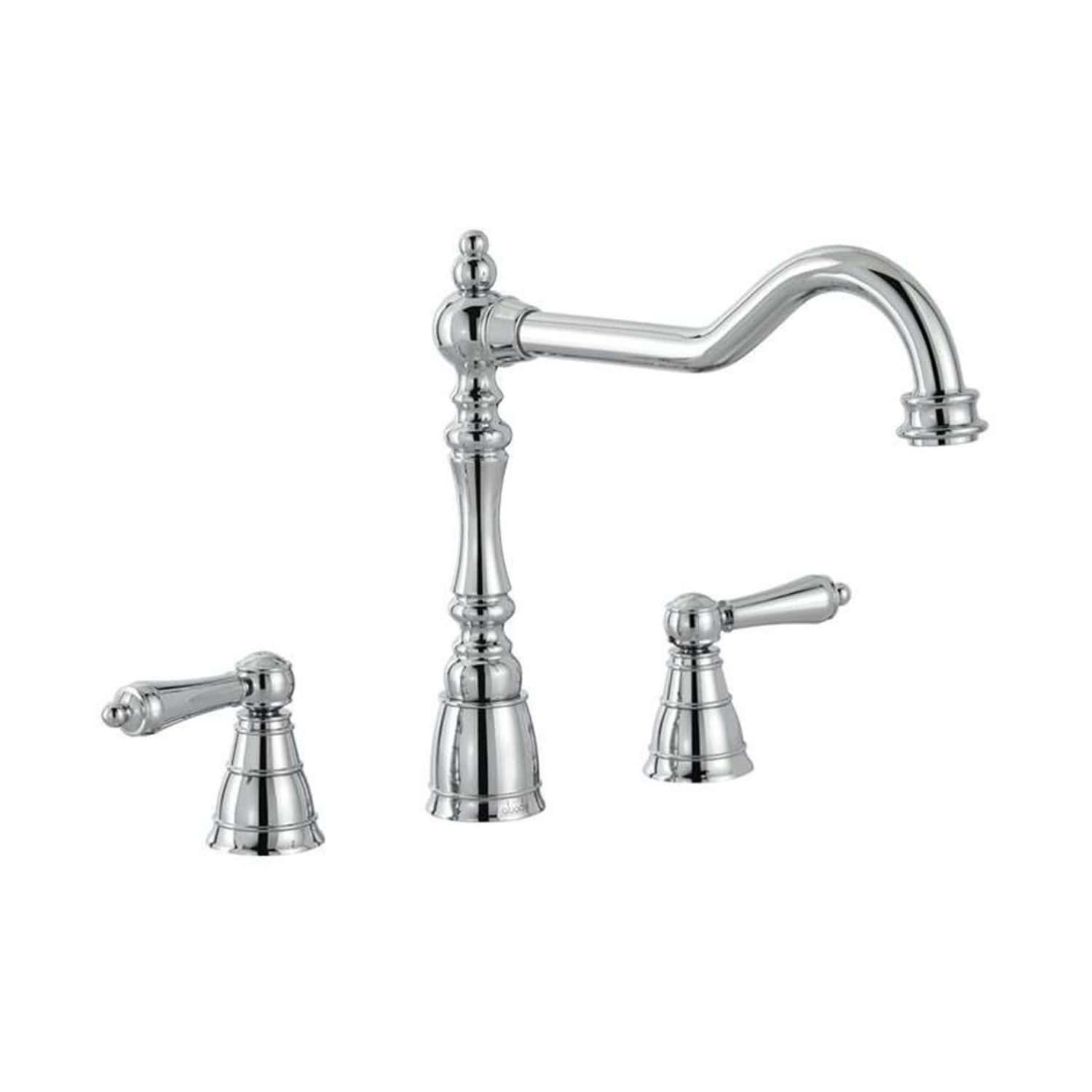 Elegant chrome bathroom tap set with traditional design, including a high-arched spout and dual lever handles for hot and cold water control. Perfect for classic or vintage style bathrooms.