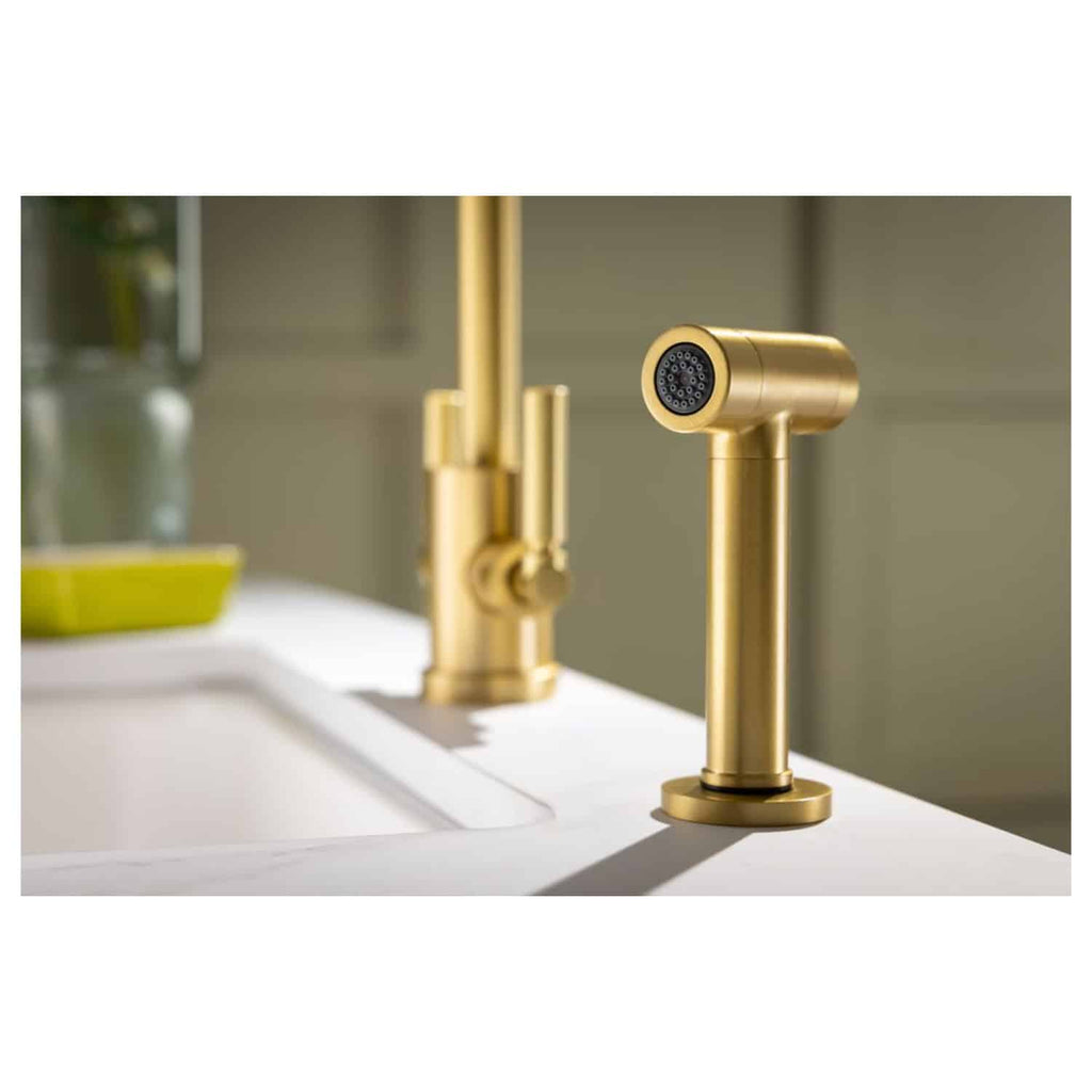 Modern gold kitchen tap and soap dispenser set from Bubly Bathrooms, featuring sleek design and premium finish, perfect for contemporary kitchens.