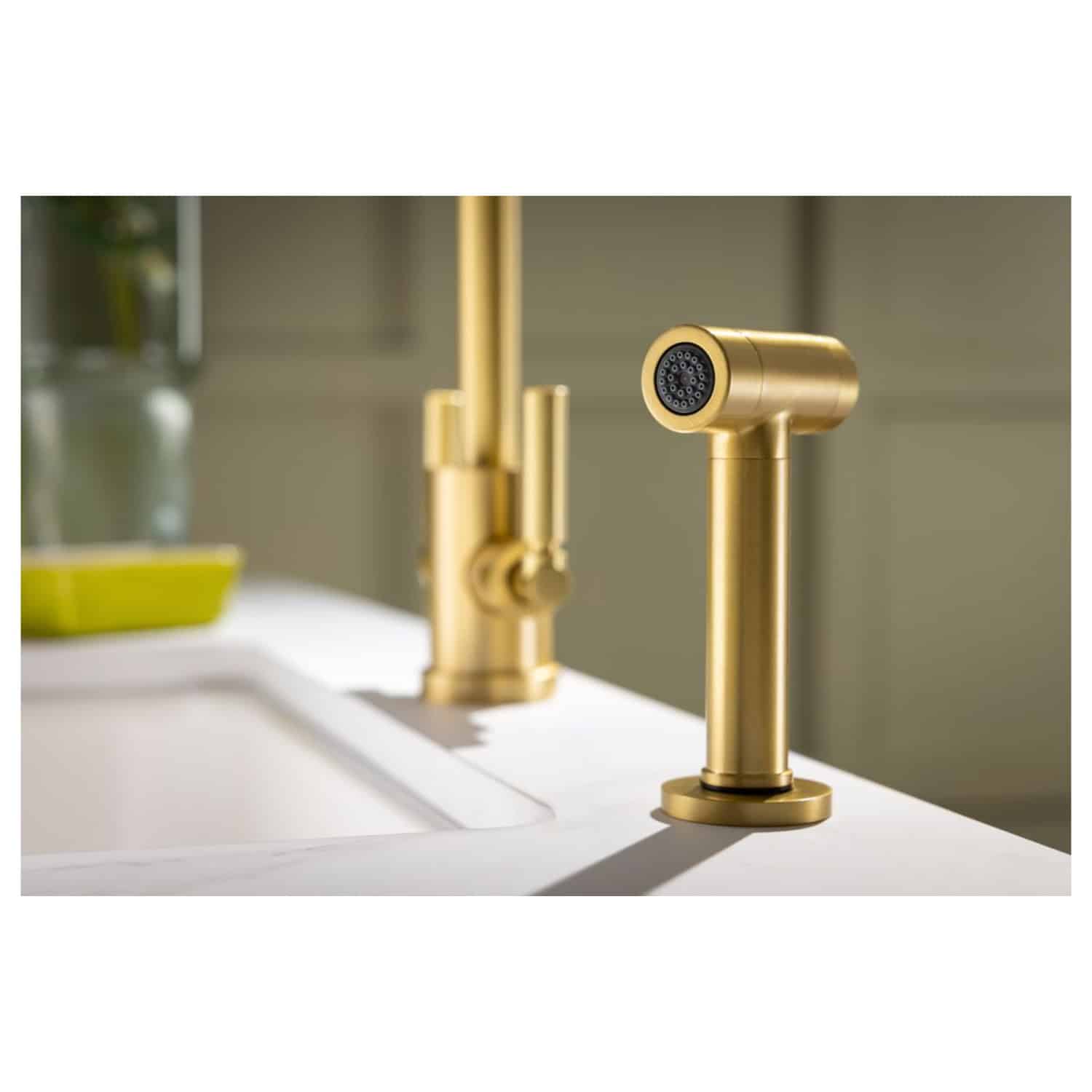 Modern gold kitchen tap and soap dispenser set from Bubly Bathrooms, featuring sleek design and premium finish, perfect for contemporary kitchens.