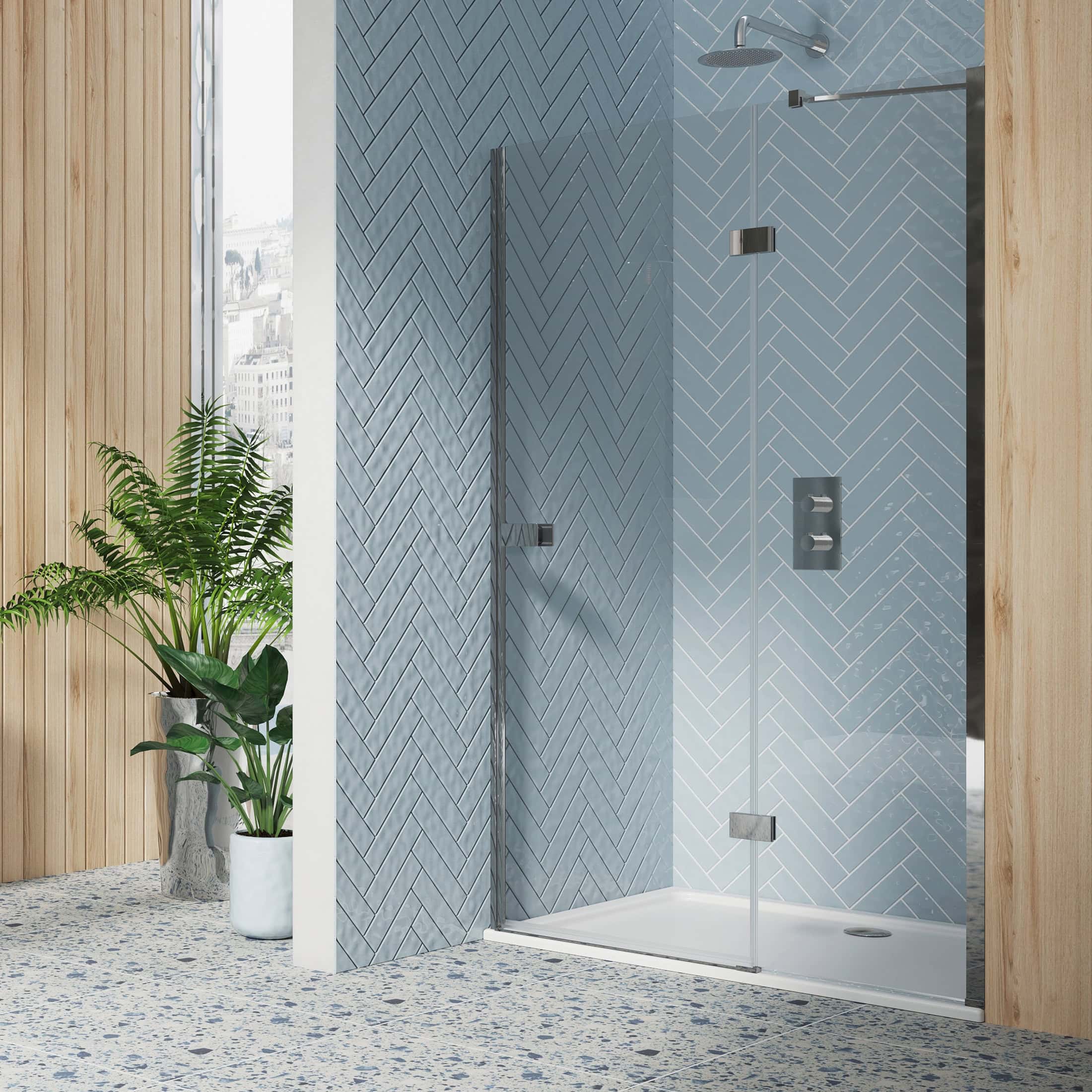 Sleek modern walk-in shower with textured blue herringbone tiles, glass enclosure, and wooden wall accents. Perfect for contemporary bathroom designs focusing on style and functionality.