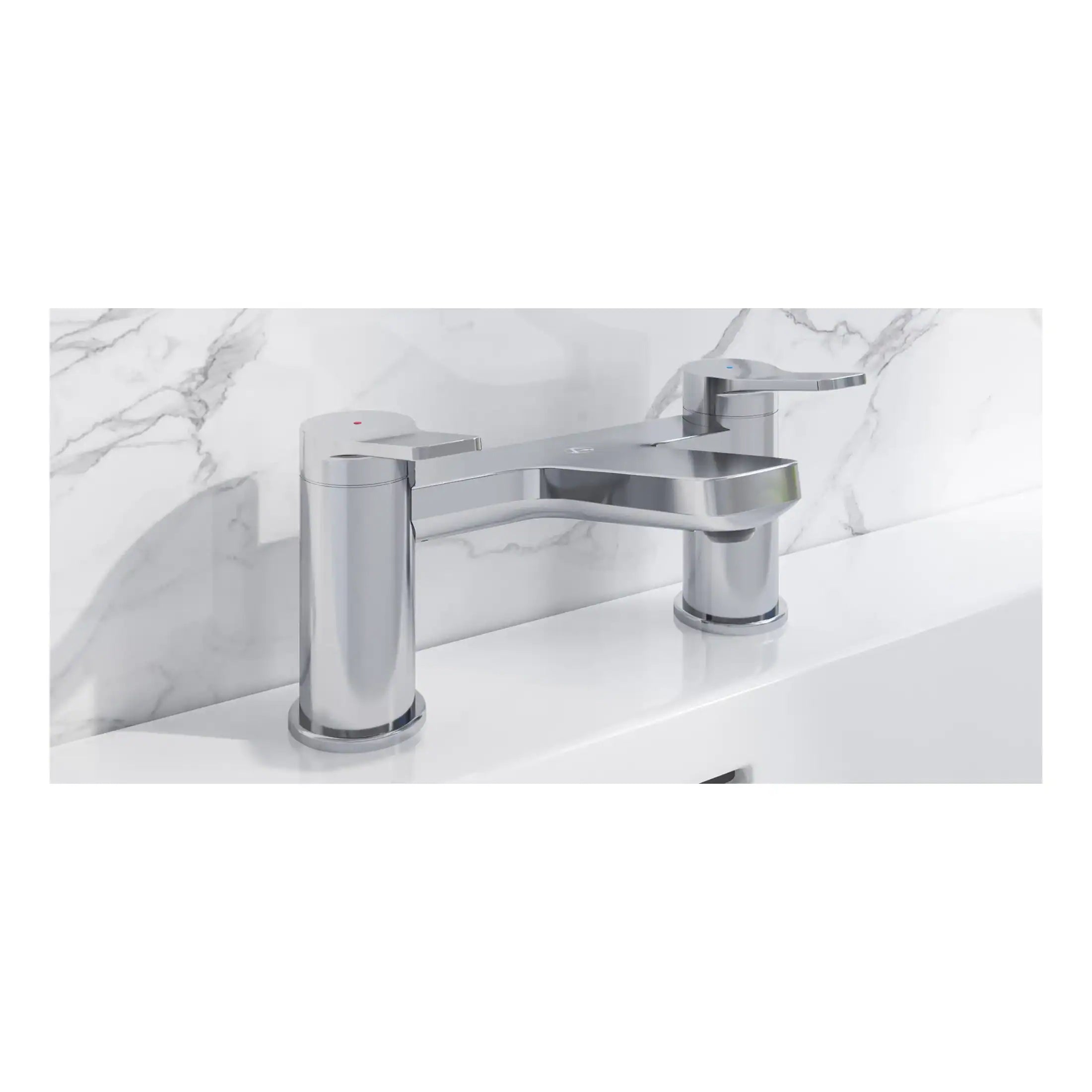 Sleek modern chrome bathroom tap with dual handles installed on a white basin against a marble wall.