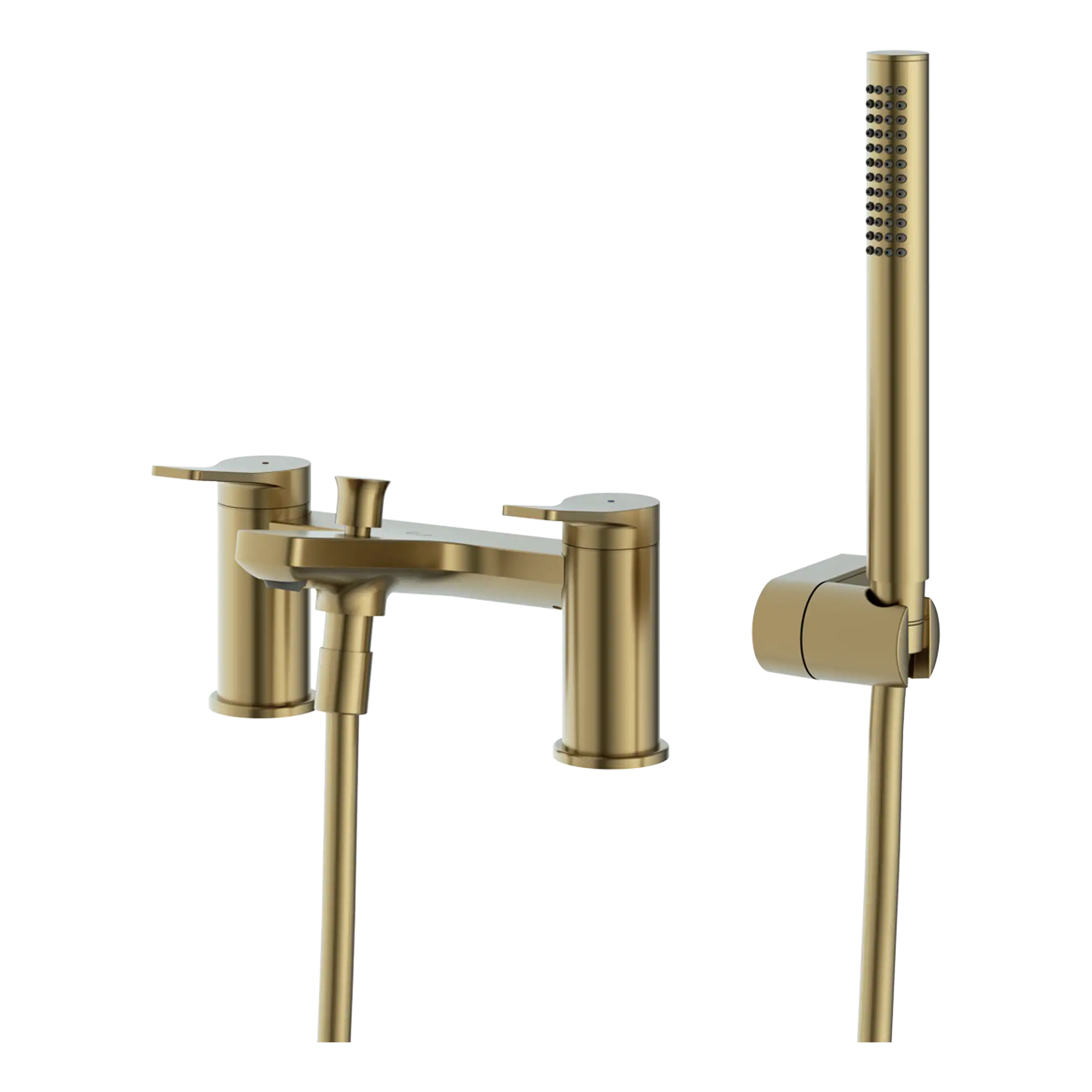 Luxurious gold bathroom fixtures including a modern bathtub tap, dual handles, and a sleek handheld shower head, perfect for contemporary bathroom upgrades and luxury bathing experiences.
