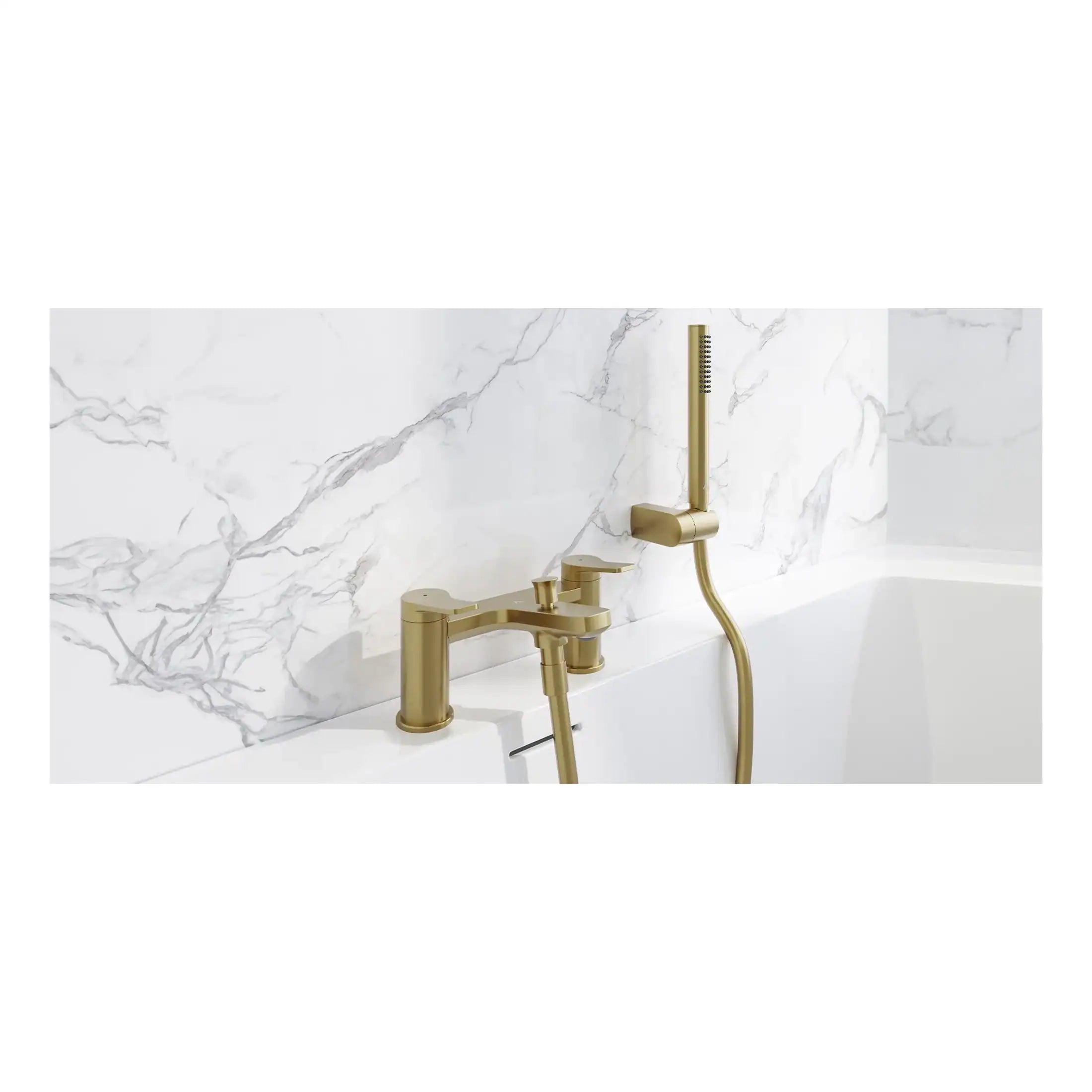 Brass bathroom bath mixer tap with matching handheld shower on white marble wall, modern elegant design, perfect for luxury modern bathrooms, high-quality fixtures, stylish gold kitchen and bath fittings.