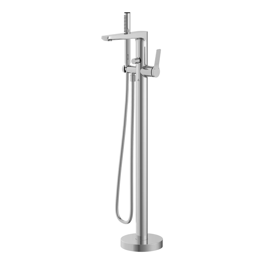 Bathroom freestanding bath filler tap with hand shower, polished chrome finish, modern design, sleek and functional for luxury bathrooms.