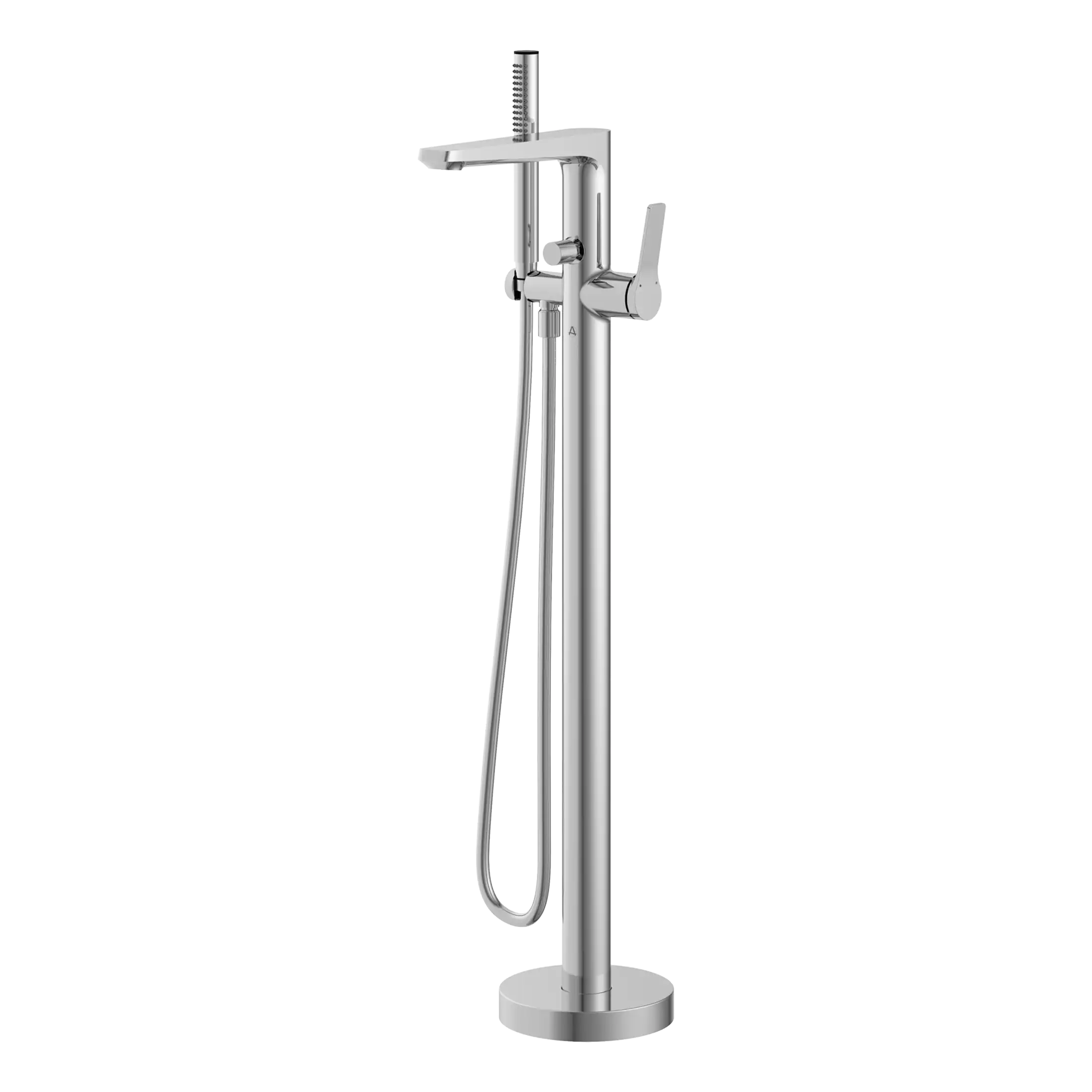Bathroom freestanding bath filler tap with hand shower, polished chrome finish, modern design, sleek and functional for luxury bathrooms.
