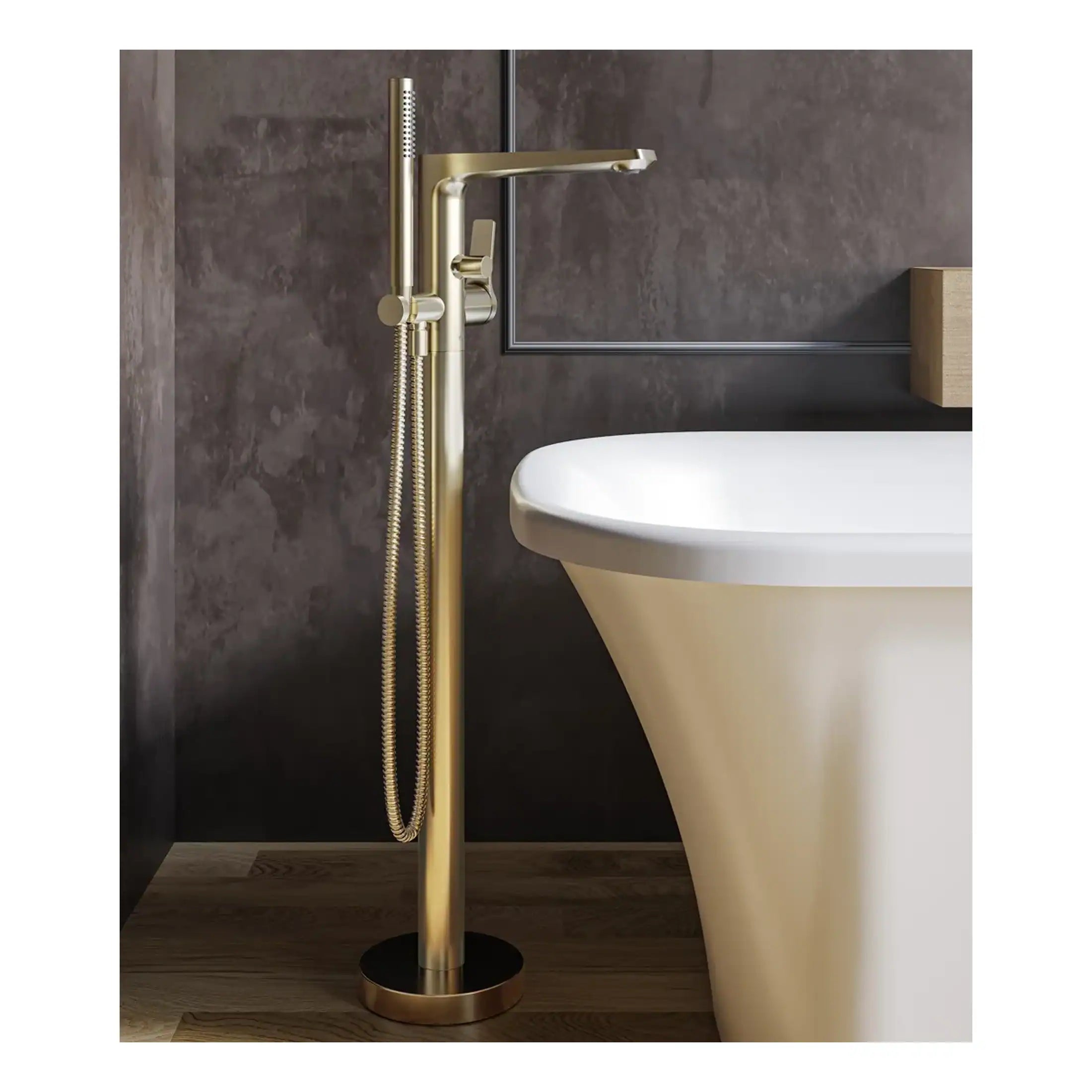 Luxurious gold freestanding bathroom bidet tap with handheld shower, modern and elegant design for contemporary bathrooms.