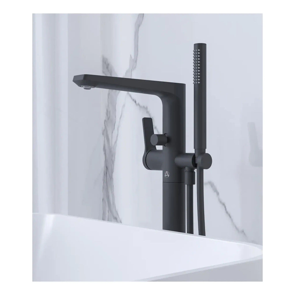 Sleek black matte bathroom tap with matching handheld shower head on a marble wall background, modern bathroom fixtures for stylish and functional kitchen or bath decor.