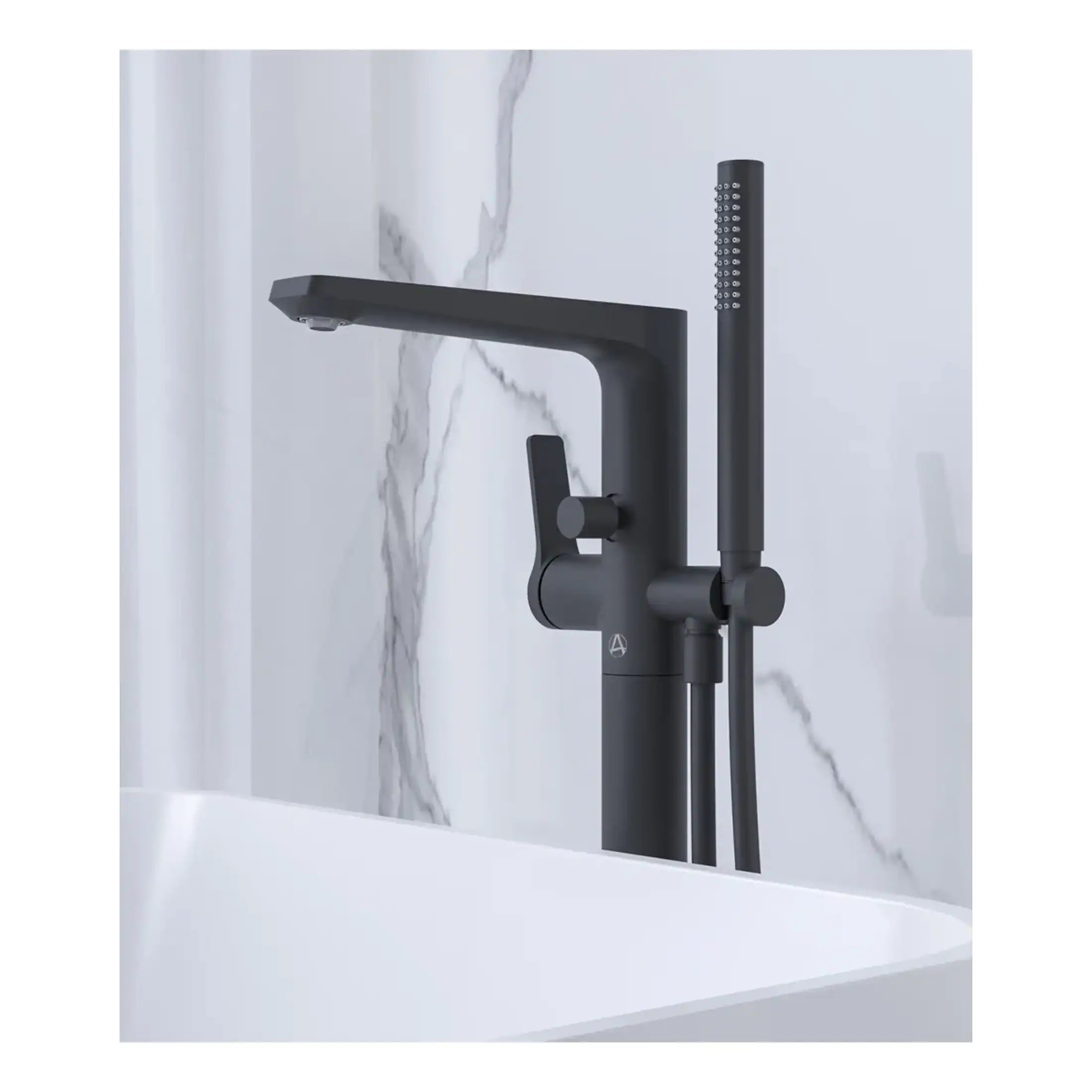 Sleek black matte bathroom tap with matching handheld shower head on a marble wall background, modern bathroom fixtures for stylish and functional kitchen or bath decor.