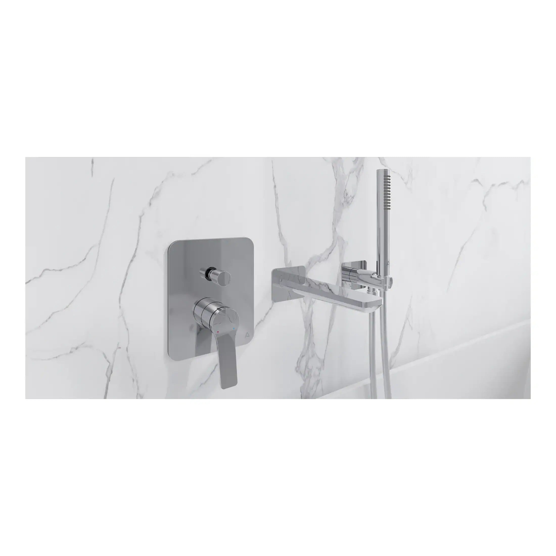 Sleek modern chrome bathroom tap and handheld shower fixture with minimalist design mounted on white marble wall. Perfect for contemporary bathroom renovations and stylish wet room installations.