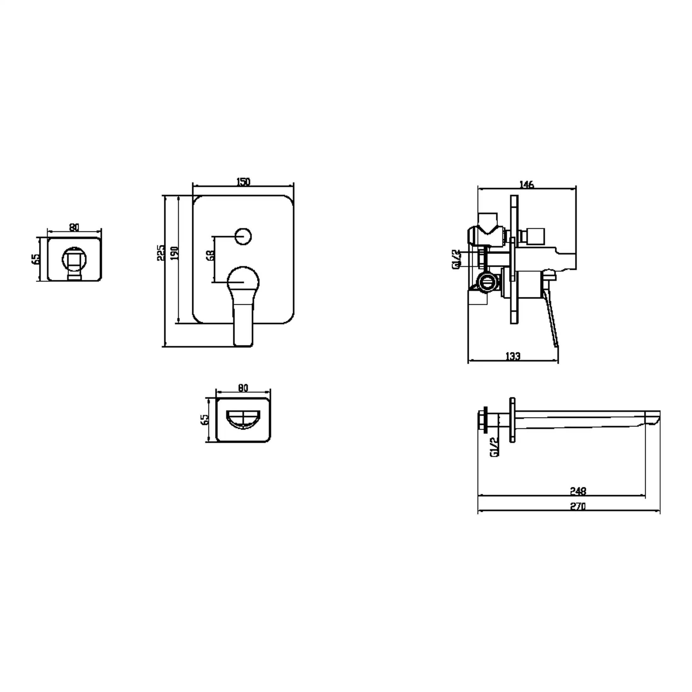 Modern bathroom plumbing fixture technical drawing with detailed measurements for installation.