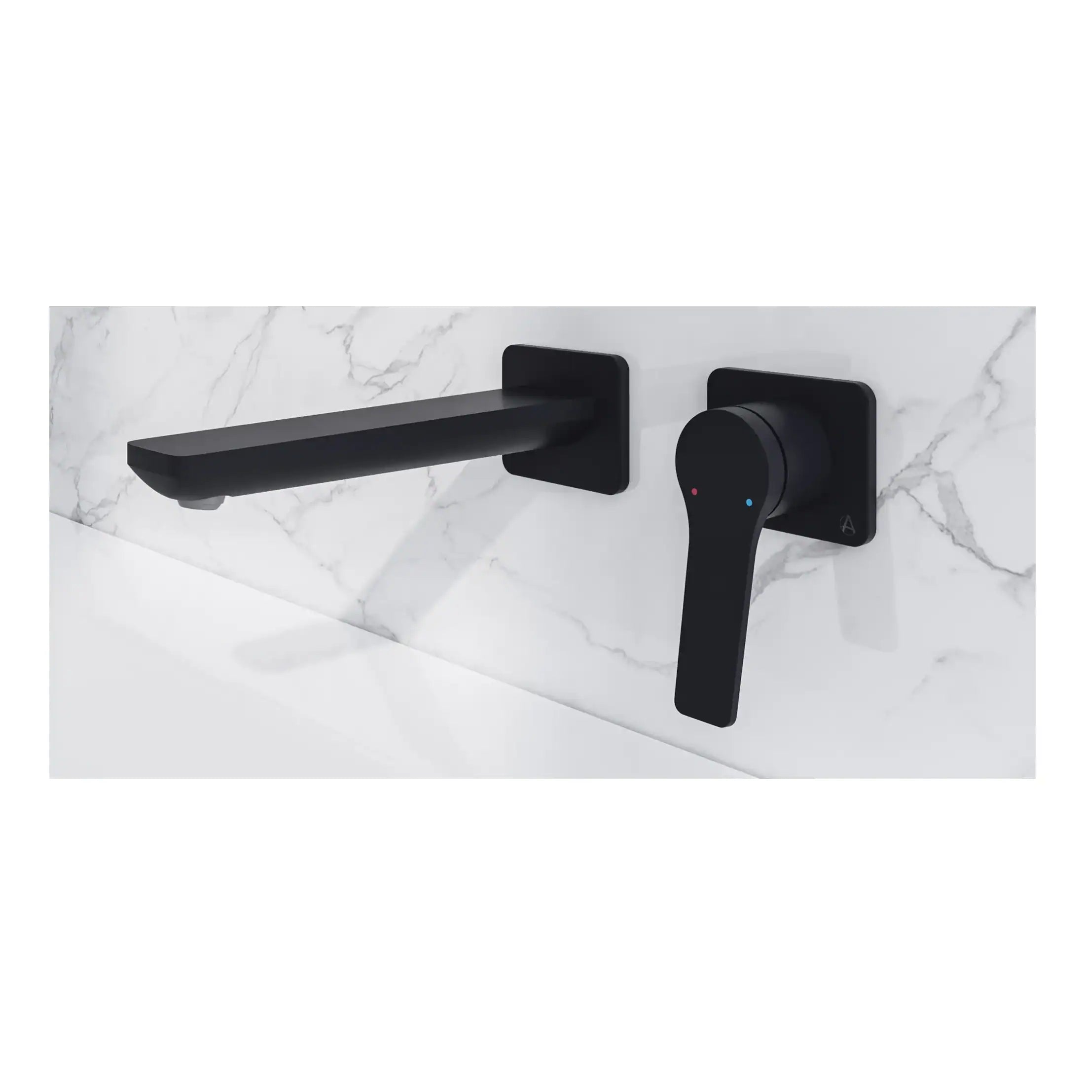 Sleek black modern bathroom mixer tap with a minimalist design, mounted on a white marble wall, ideal for contemporary bathroom renovations.