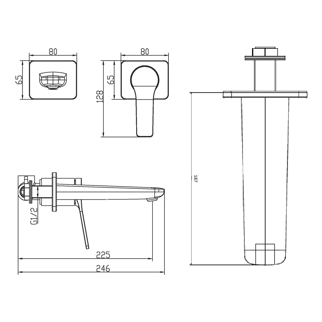 High-quality bathroom tap design with detailed technical drawing, showcasing dimensions and installation features for modern bathrooms. Perfect for bathroom renovation and design projects.