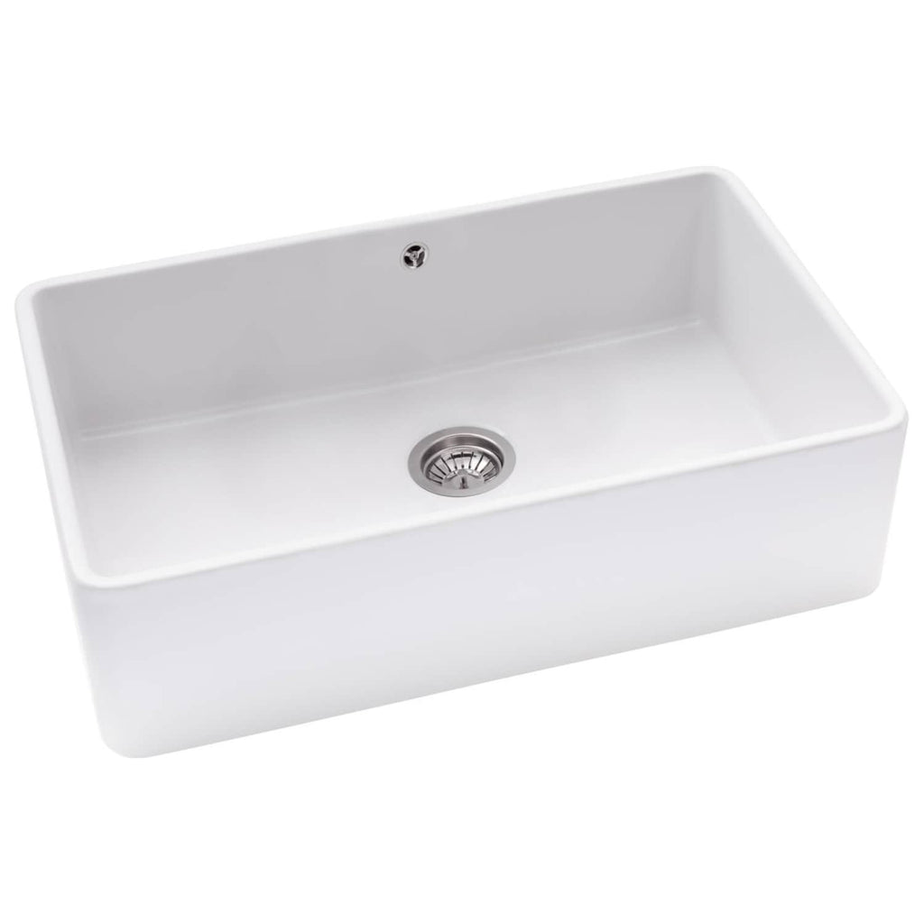 Sleek white kitchen sink with a modern rectangular design, stainless steel drain, and smooth finish, perfect for contemporary kitchens and bathroom renovations.