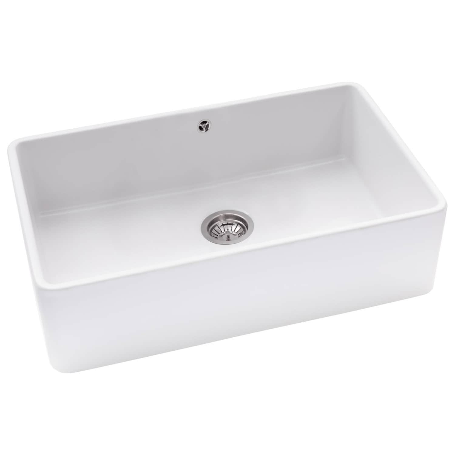Sleek white kitchen sink with a modern rectangular design, stainless steel drain, and smooth finish, perfect for contemporary kitchens and bathroom renovations.