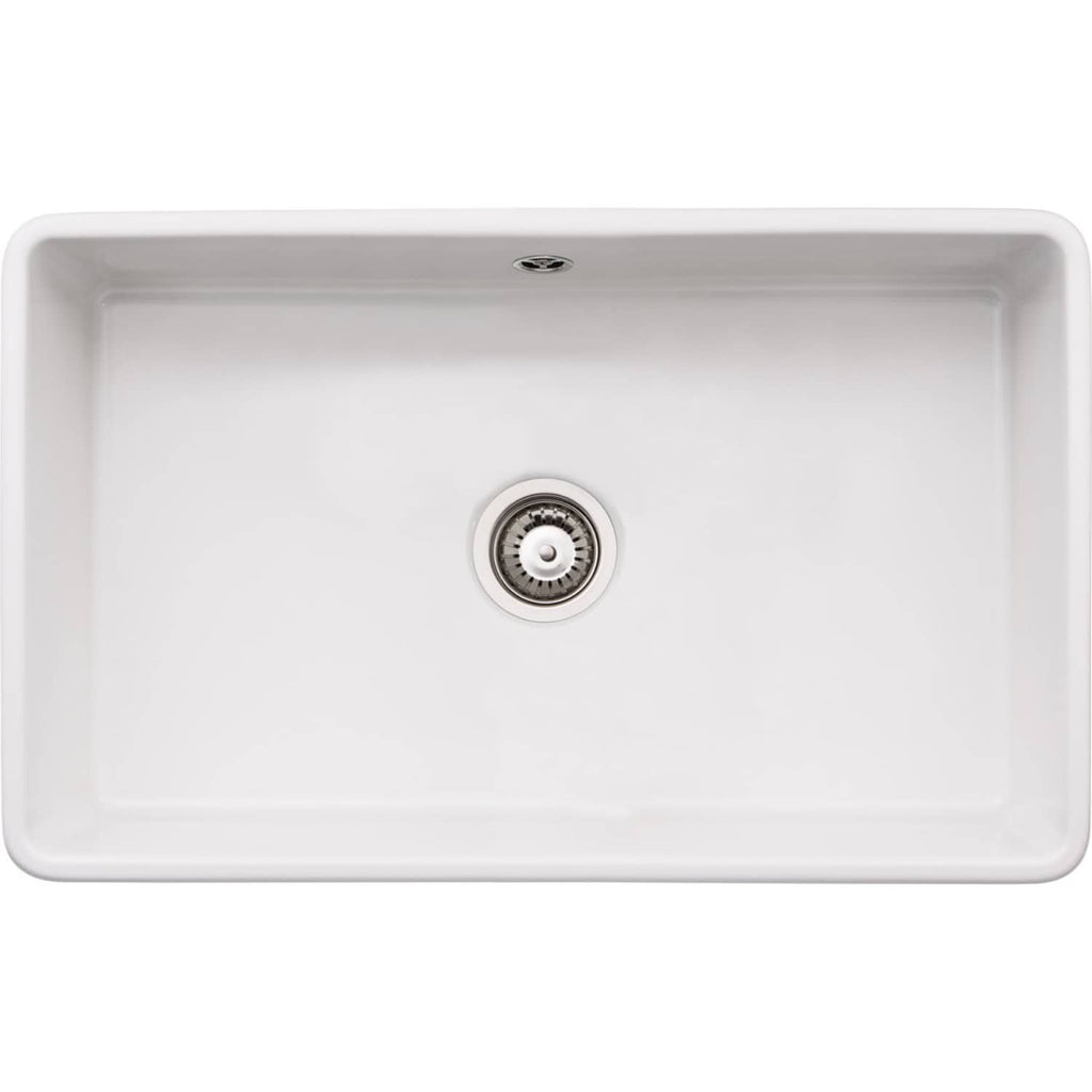 Bright white rectangular kitchen sink with a central drain and smooth edges, ideal for modern bathroom or kitchen designs. Durable ceramic or composite material for stylish functionality.