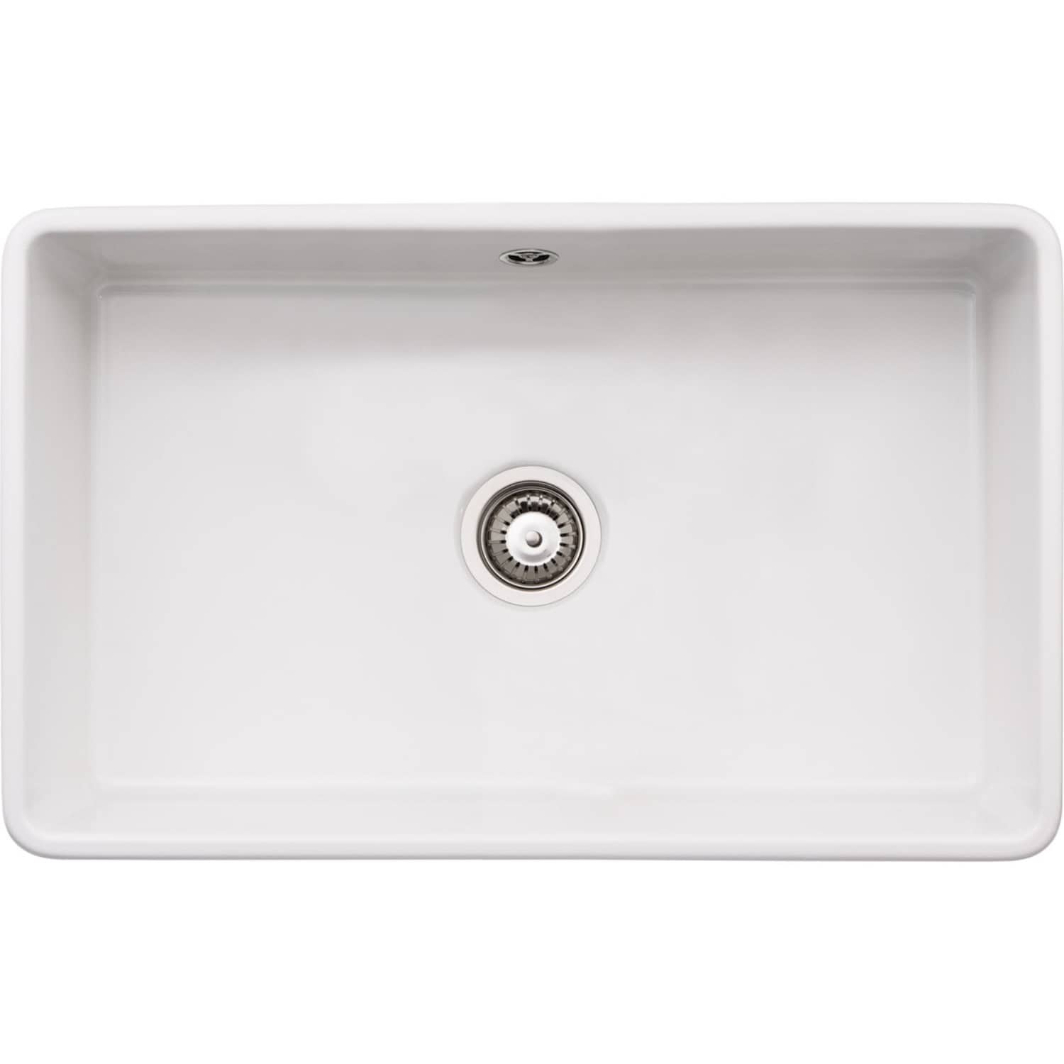 Bright white rectangular kitchen sink with a central drain and smooth edges, ideal for modern bathroom or kitchen designs. Durable ceramic or composite material for stylish functionality.