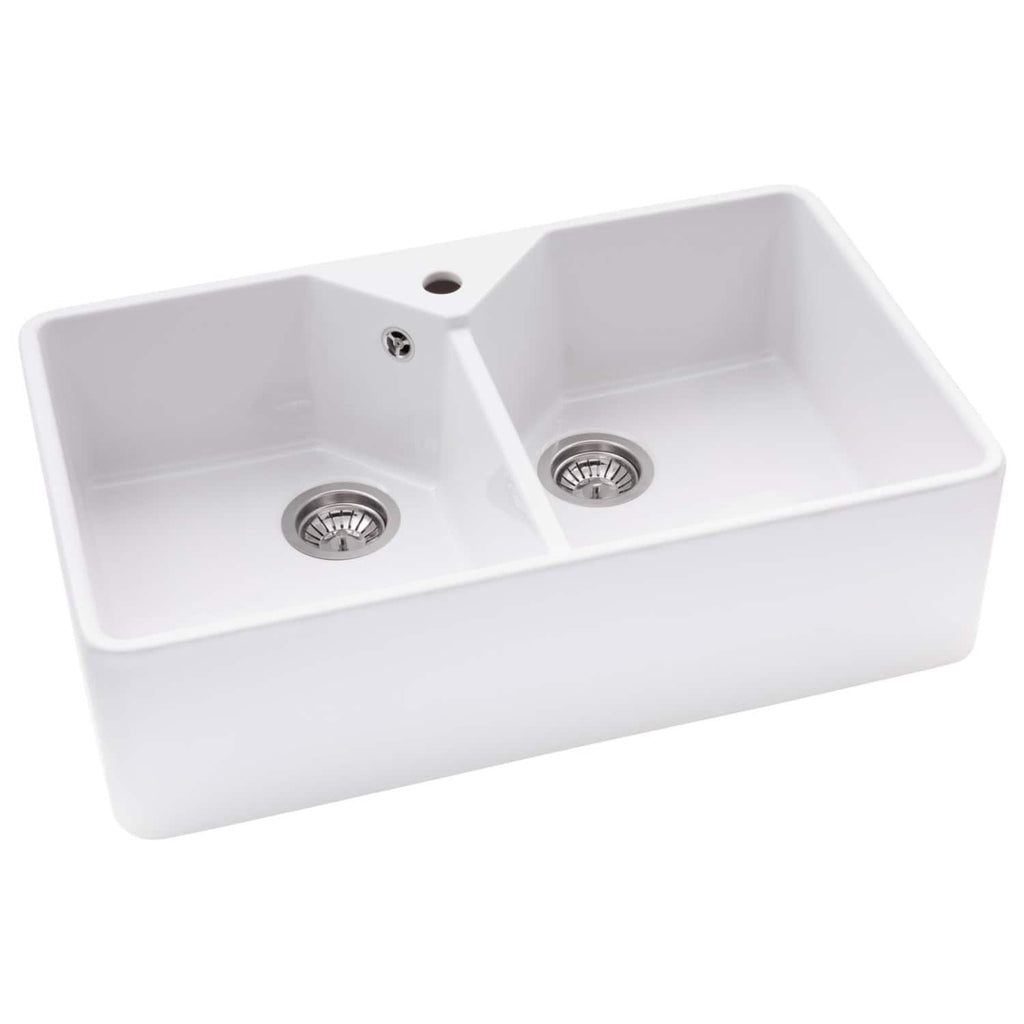 Double ceramic kitchen sink with two basins, stainless steel drains, and a central tap hole, ideal for modern bathroom or kitchen renovation projects. Crafted for durability and style.