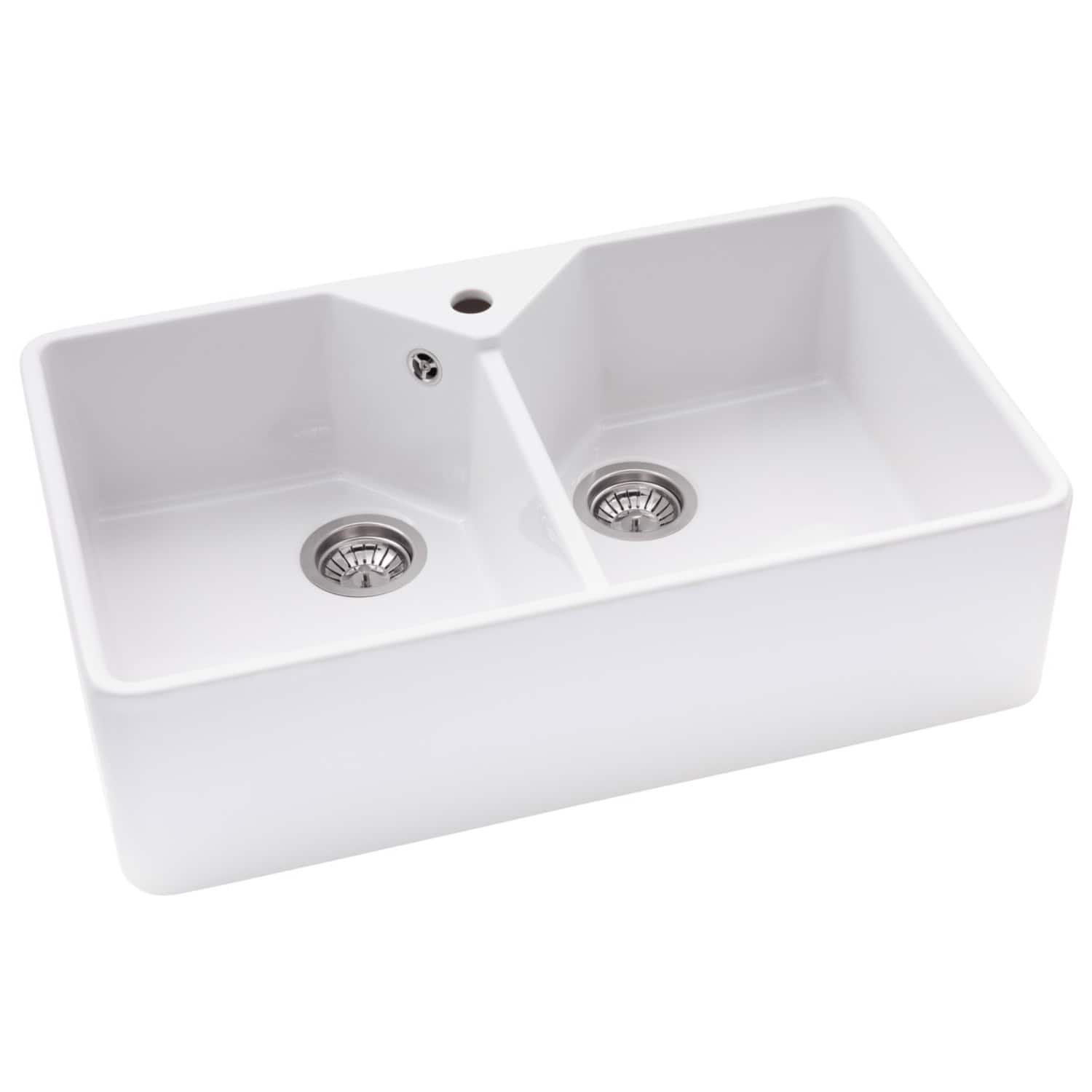 Double ceramic kitchen sink with two basins, stainless steel drains, and a central tap hole, ideal for modern bathroom or kitchen renovation projects. Crafted for durability and style.
