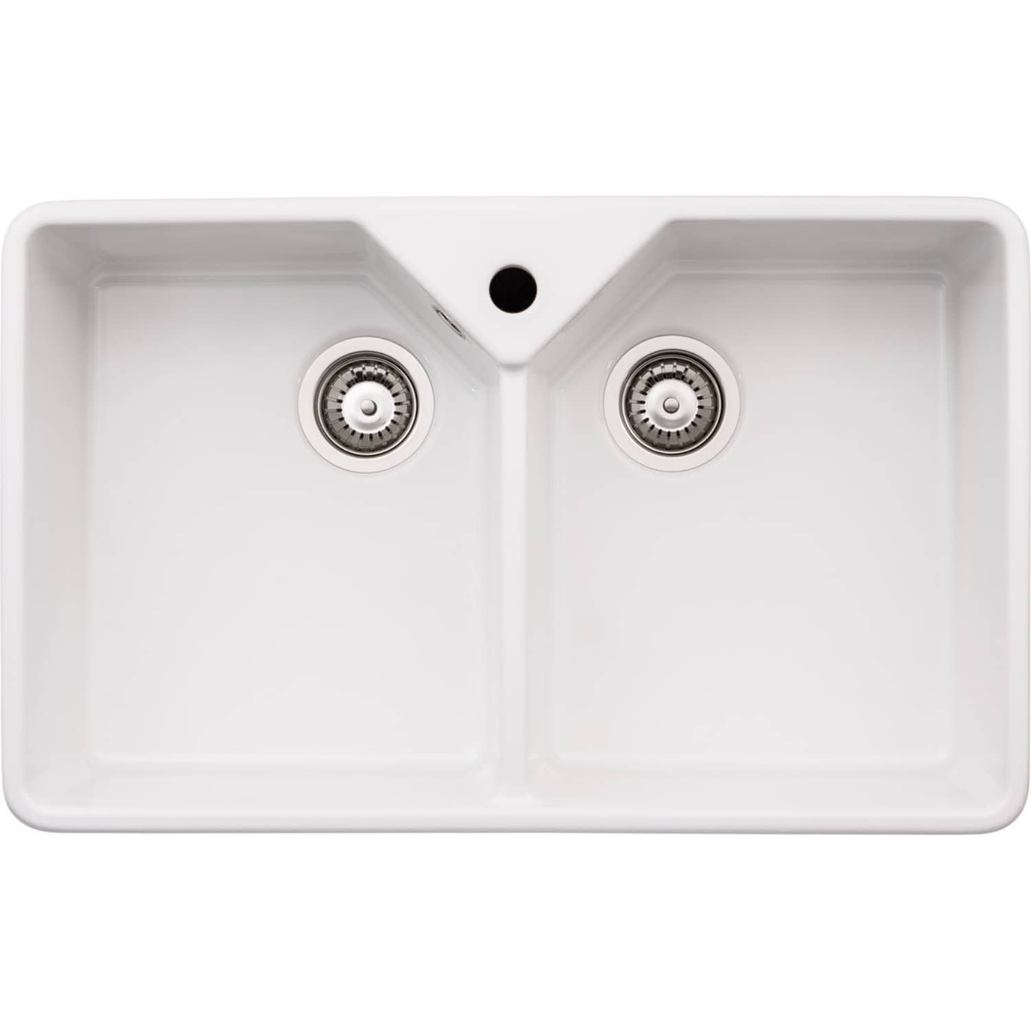 Shallow double-basin white kitchen sink with modern stainless steel drains and an overflow hole, ideal for contemporary bathroom or kitchen renovation projects.