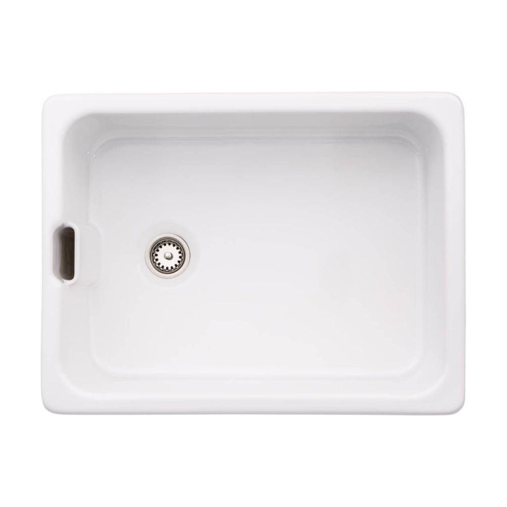 Sleek white kitchen sink with integrated drain and practical overflow outlet, designed for modern kitchens and plumbing efficiency. Perfect for easy cleaning and durable daily use.