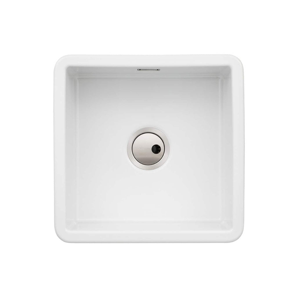 Modern white kitchen sink with sleek design and stainless steel drain, perfect for contemporary bathrooms and kitchens. Crafted for durability and style.