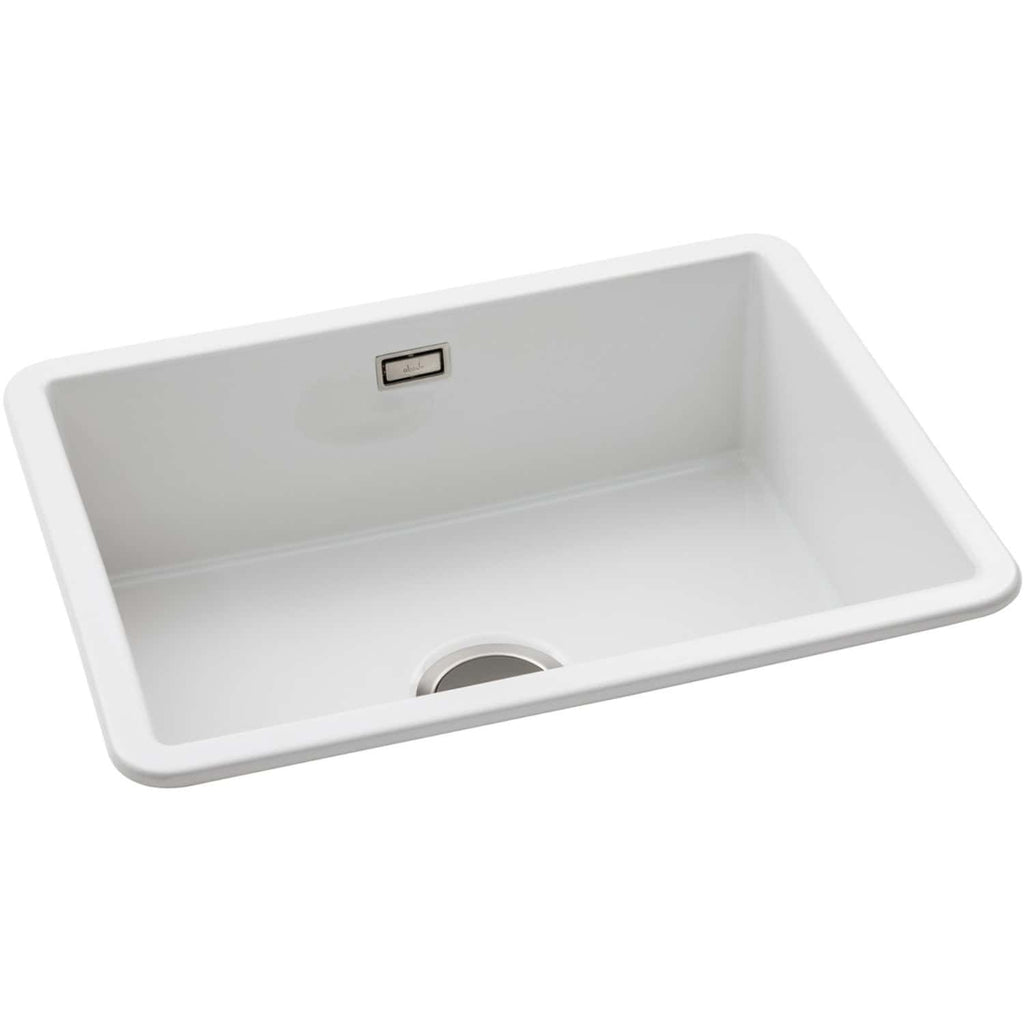 Sleek white kitchen sink with modern design, durable ceramic construction, integrated overflow, and central drainage for efficient water flow. Perfect for contemporary kitchens.
