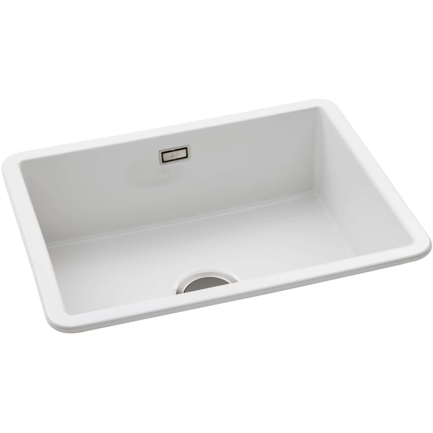 Sleek white kitchen sink with modern design, durable ceramic construction, integrated overflow, and central drainage for efficient water flow. Perfect for contemporary kitchens.