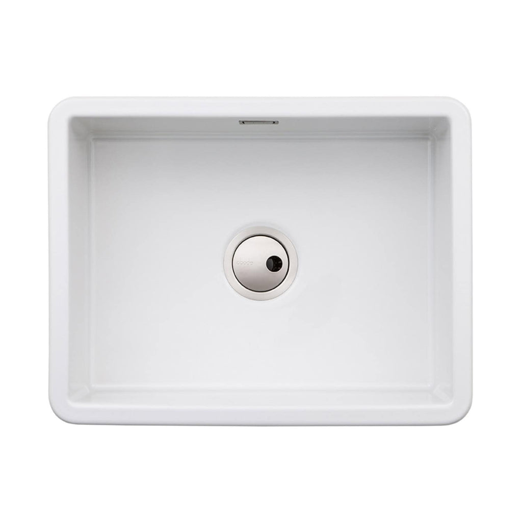 Sleek white under-mount kitchen or bathroom sink with modern design and durable ceramic construction for clean, functional spaces. Perfect for contemporary interiors.