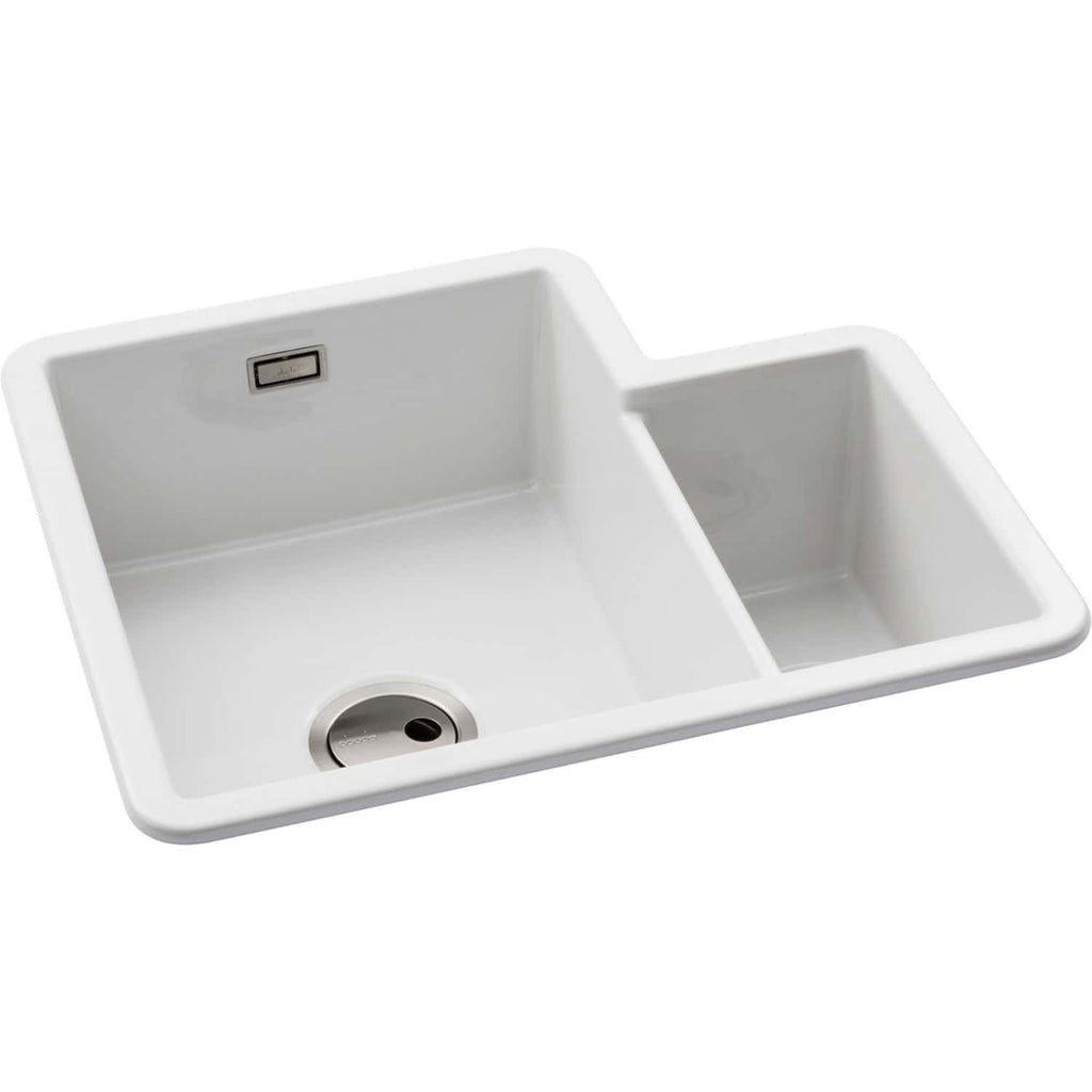 Modern white double-basin kitchen sink with integrated drainboard, ideal for contemporary bathroom or kitchen renovation projects, combining functionality with stylish design.