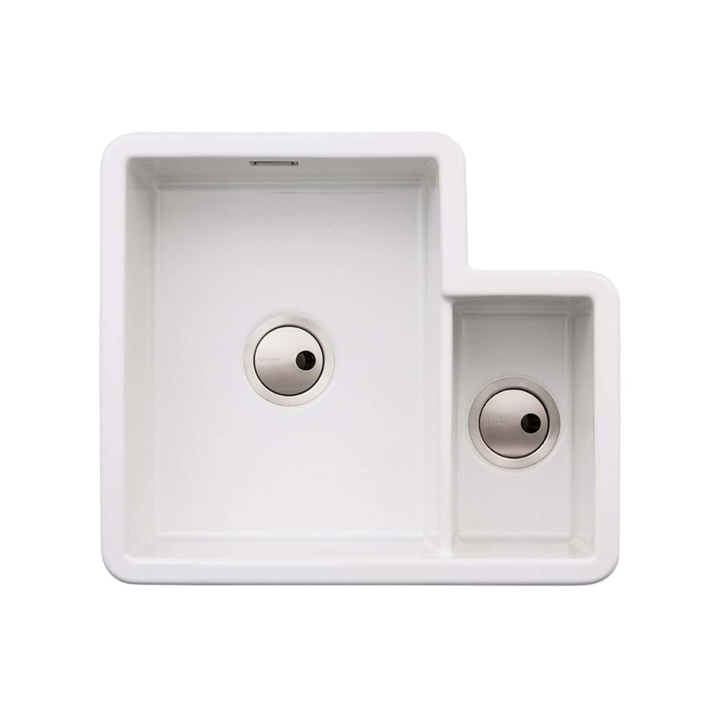 Contemporary double-basin kitchen sink in white ceramic with stainless steel drains, ideal for modern kitchens, featuring ample space and sleek design for efficient washing and food prep.