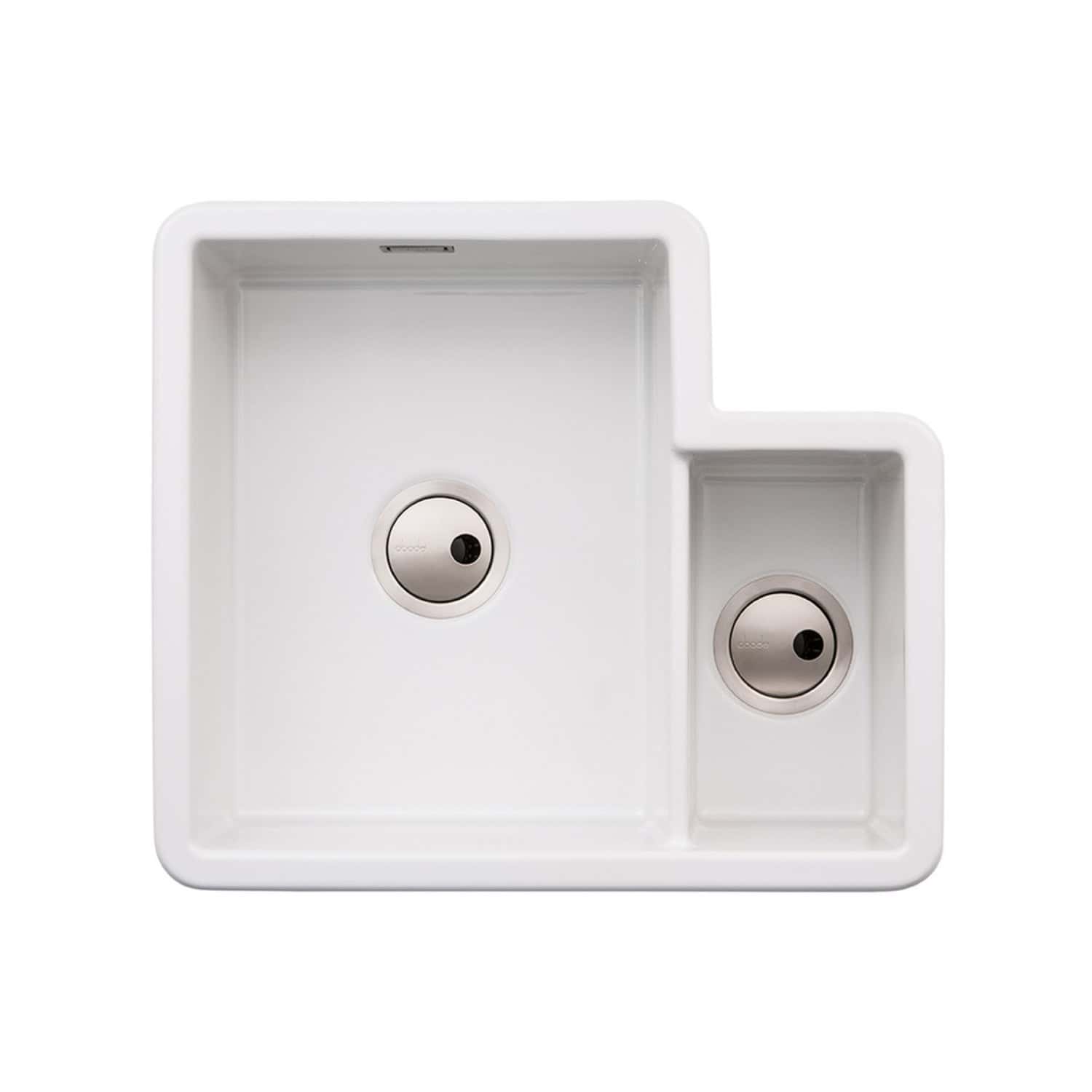 Contemporary double-basin kitchen sink in white ceramic with stainless steel drains, ideal for modern kitchens, featuring ample space and sleek design for efficient washing and food prep.