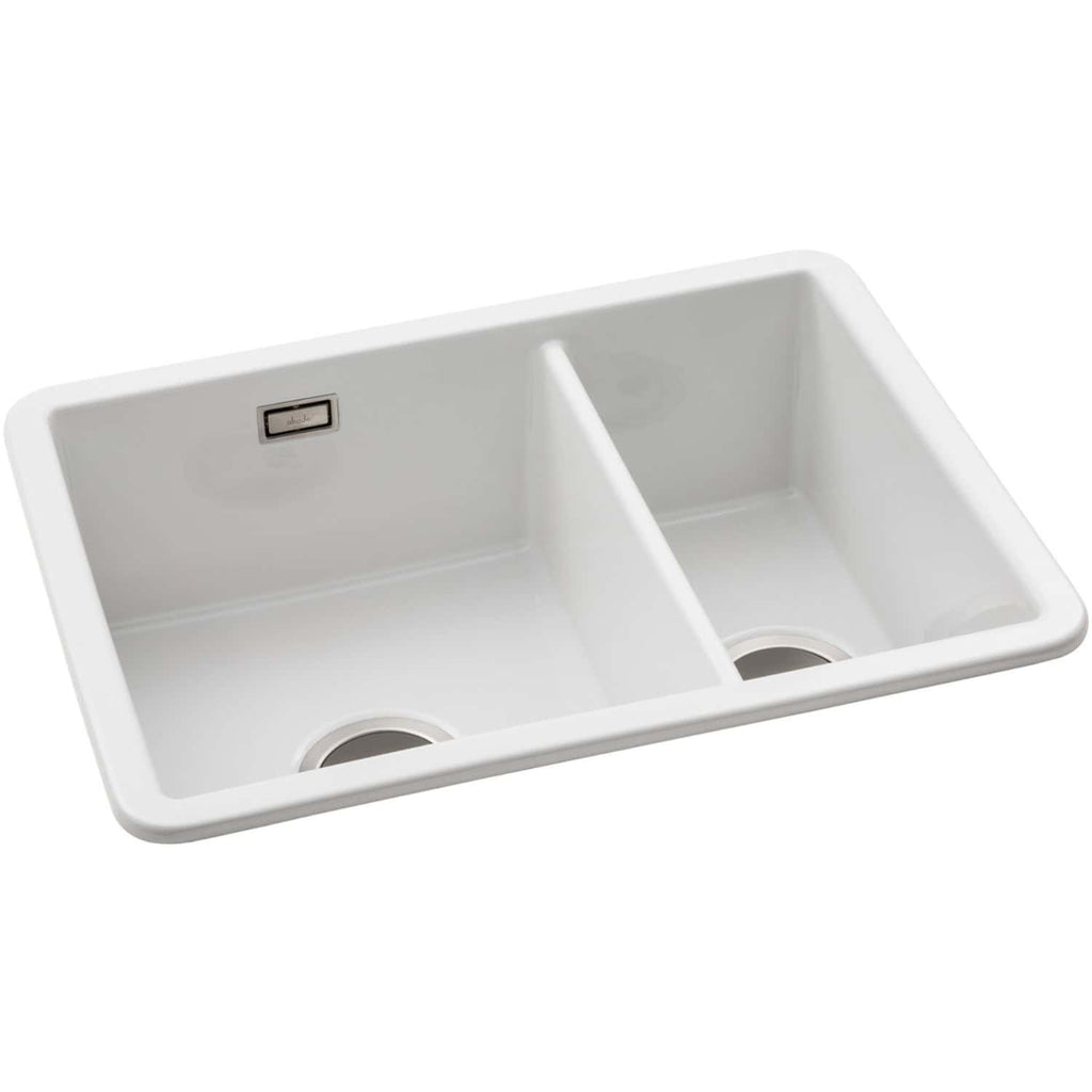 Bright white double kitchen sink with integrated drainers and modern design, perfect for contemporary bathrooms and kitchens, offering durable and easy-to-clean features.
