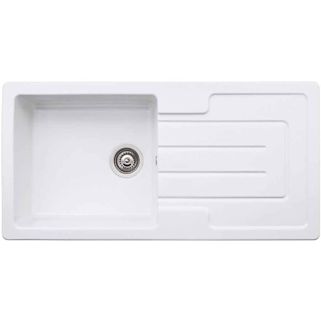 Stainless steel kitchen sink with drainer, modern white composite undermount sink, sleek and durable kitchen plumbing fixture, ideal for contemporary bathroom or kitchen design.