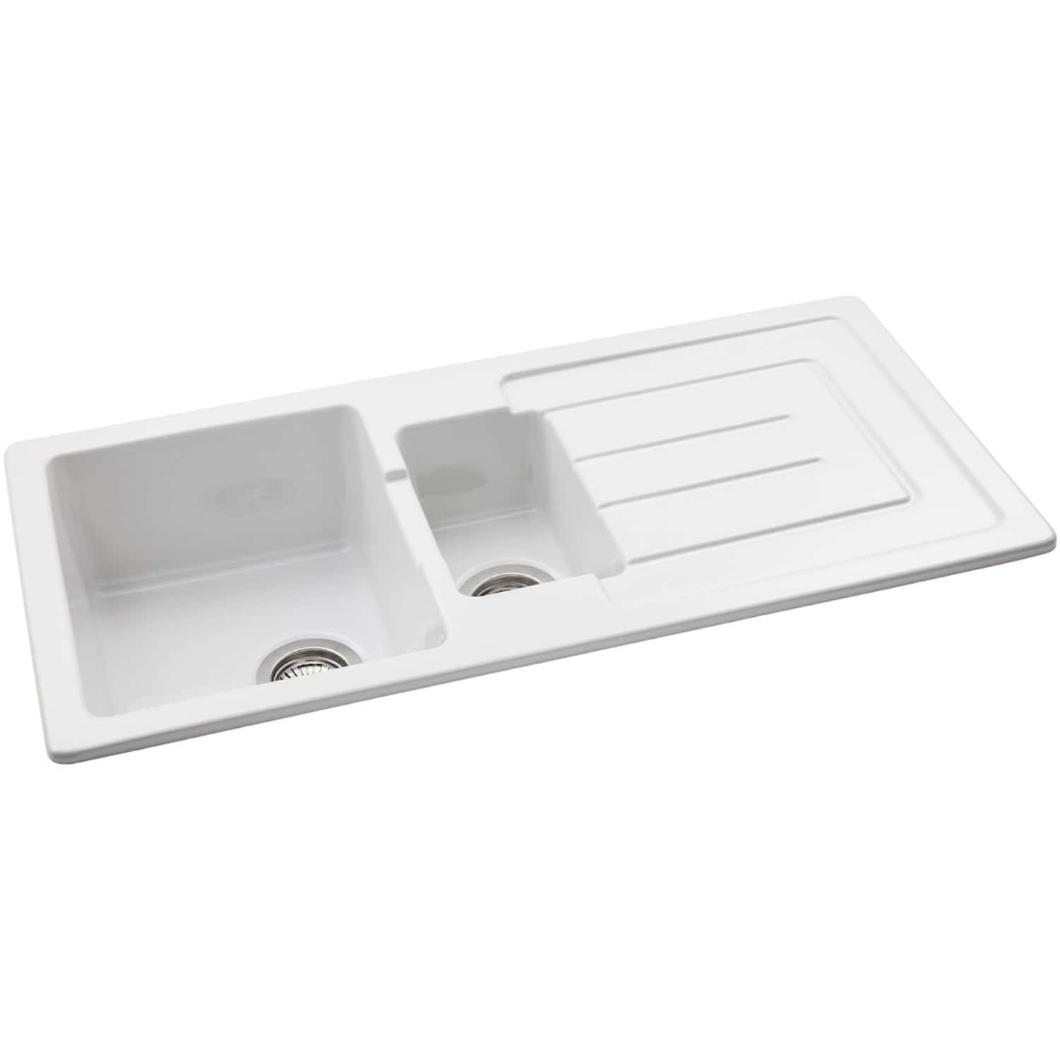 Bright white stainless steel kitchen sink with dual basins and draining board, perfect for modern kitchens and food preparation. Durable, easy-to-clean material, suitable for various plumbing setups.