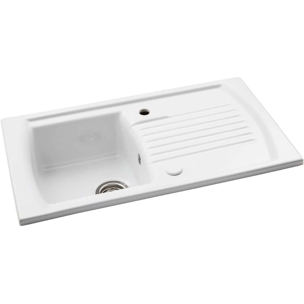 Modern white kitchen sink with integrated drainer, stainless steel plug and waste, designed by Bubly Bathrooms for sleek and functional kitchen or laundry room spaces.