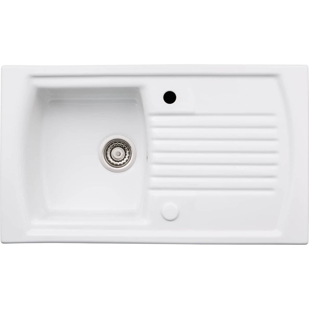 Stainless steel kitchen sink with single basin and draining board, ideal for modern bathrooms and kitchens. Durable white ceramic design by Bubly Bathrooms, perfect for interior home improvement.