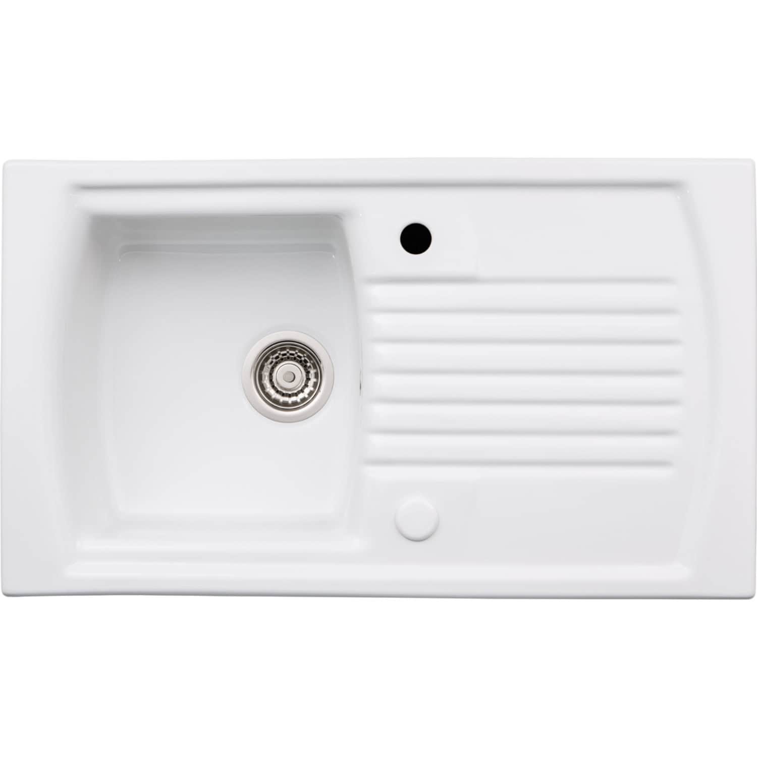 Stainless steel kitchen sink with single basin and draining board, ideal for modern bathrooms and kitchens. Durable white ceramic design by Bubly Bathrooms, perfect for interior home improvement.