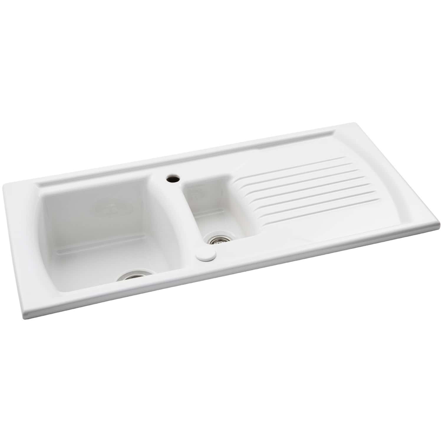 Bright white kitchen sink with dual basins and integrated draining board, ideal for modern kitchens and bathroom renovations, enhancing functionality and style.